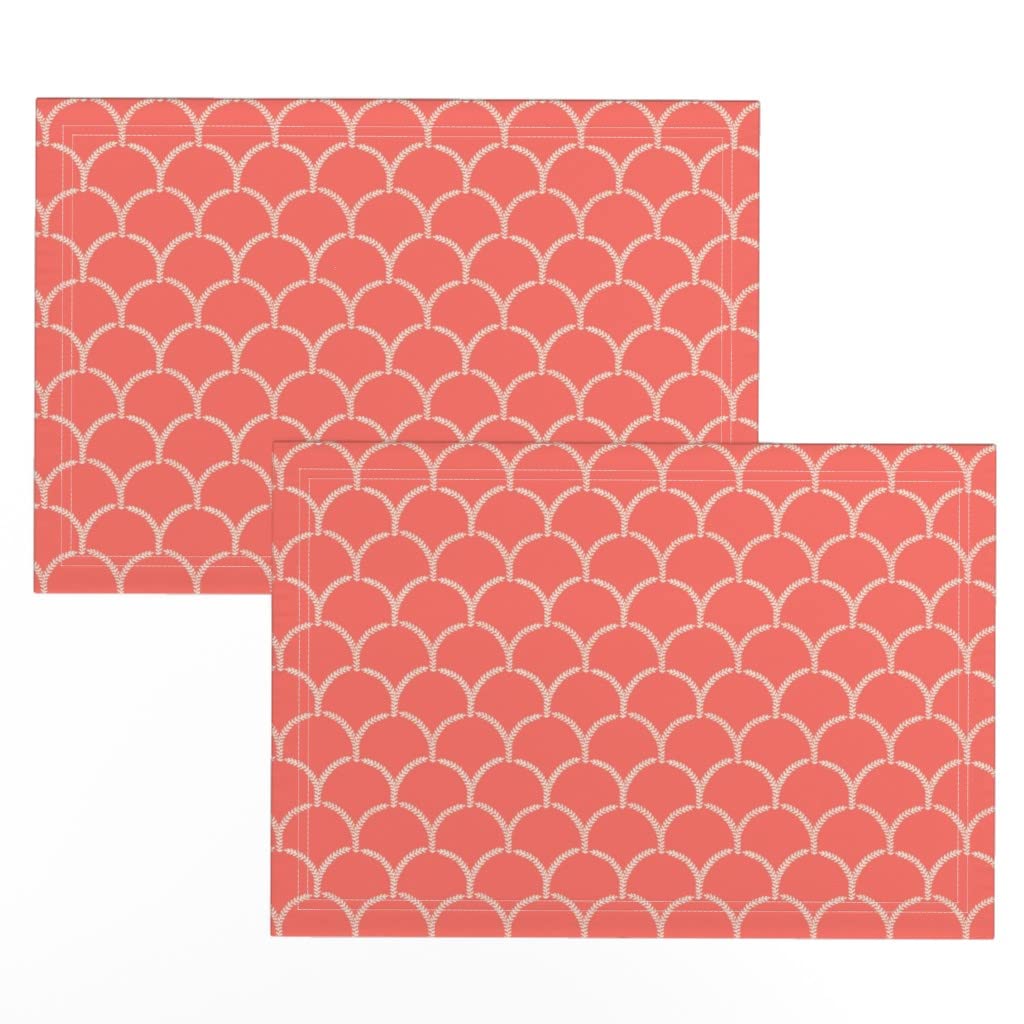 Spoonflower Linen Cotton Canvas Placemats Set of 2 - Coral Mermaid Scallop Scales Pink Rococo Feminine Print Table Mats for Dining Room, Kitchen Decor, and Gift Giving