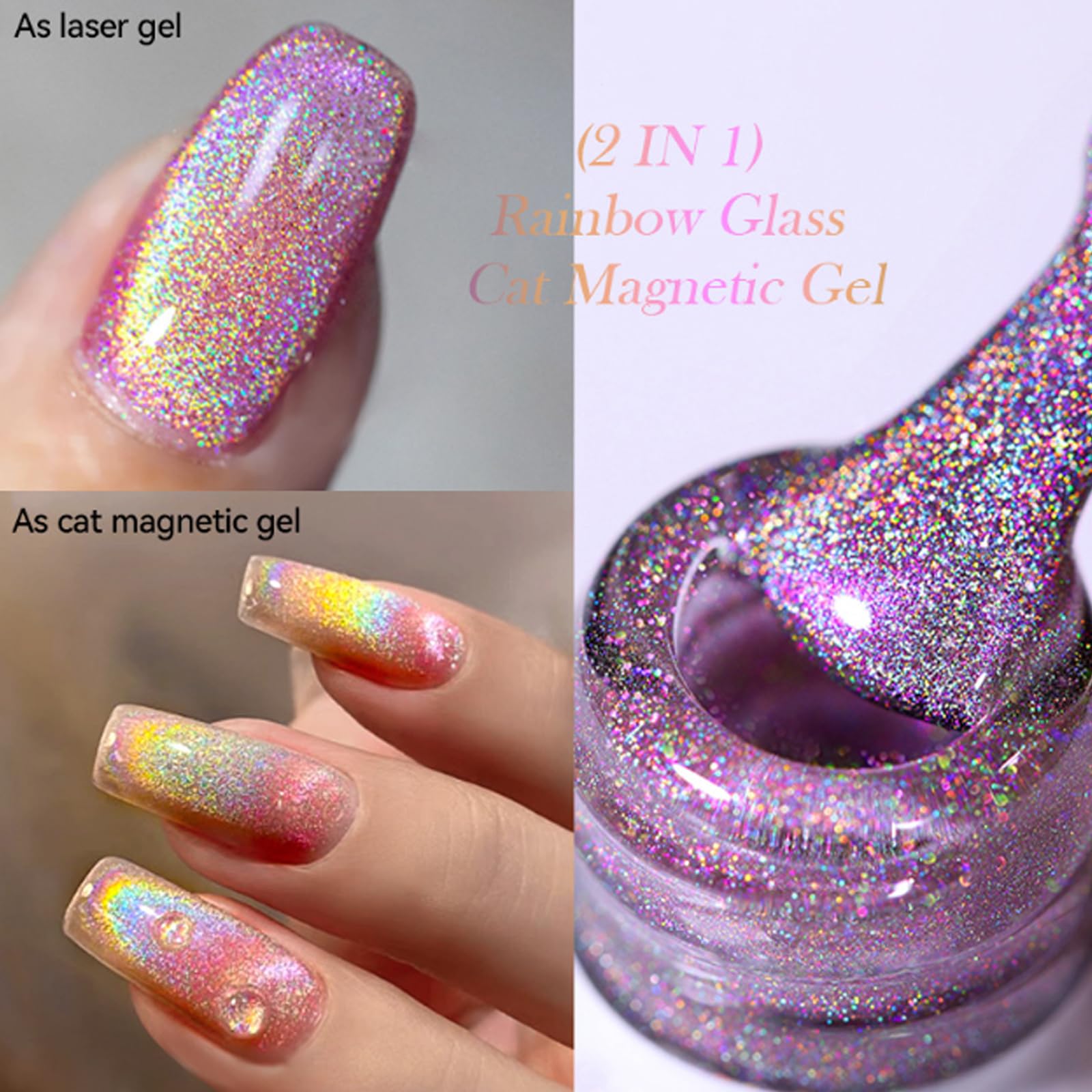 Rainbow Glitter Magnetic Gel Nail Polish - Holographic Sparkle Cat Eye Nail Lacquer for Galaxy Laser Nails (Purple) - Perfect for Manicures, Nail Art Designs & Special Occasions