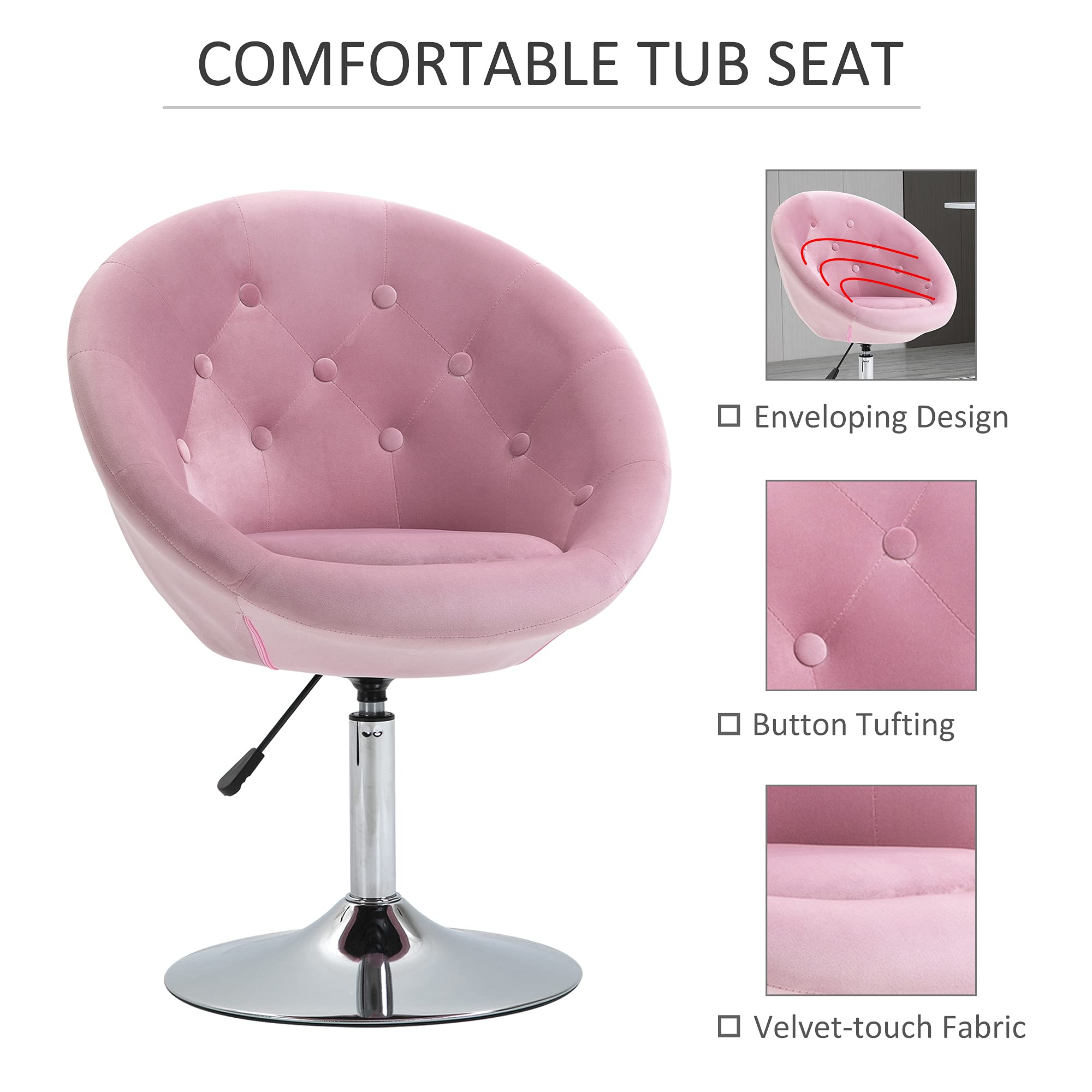 HOMCOM Modern Makeup Vanity Chair - Round Tufted Swivel Accent Chair with Chrome Frame, Height Adjustable - Pink Velvet Upholstery for Bedroom, Living Room, Dressing Room | Perfect for Makeup, Reading & Relaxing