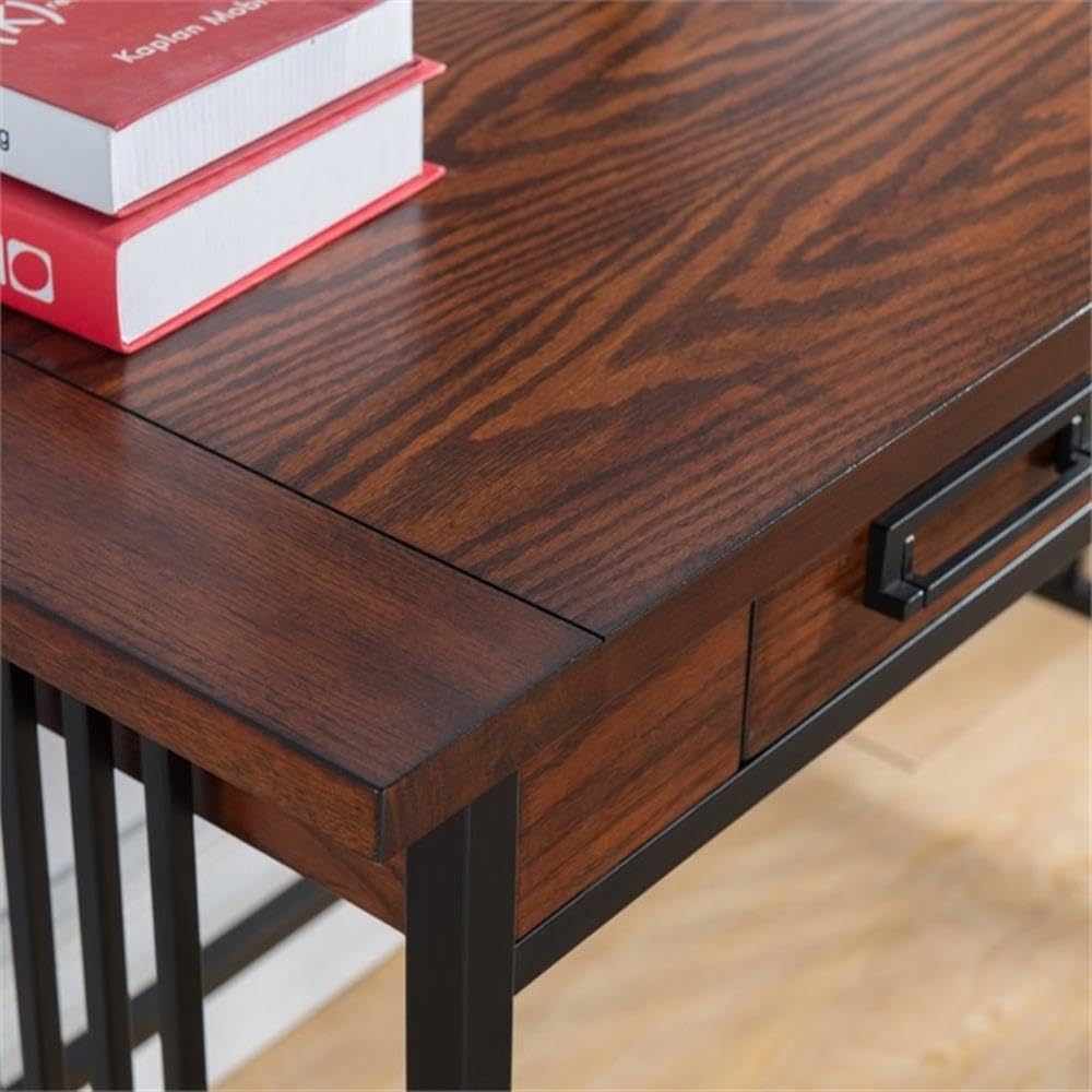 BOWERY HILL Ironcraft Mission Oak Computer Desk - Home Office Workstation for Study, Gaming & Remote Work