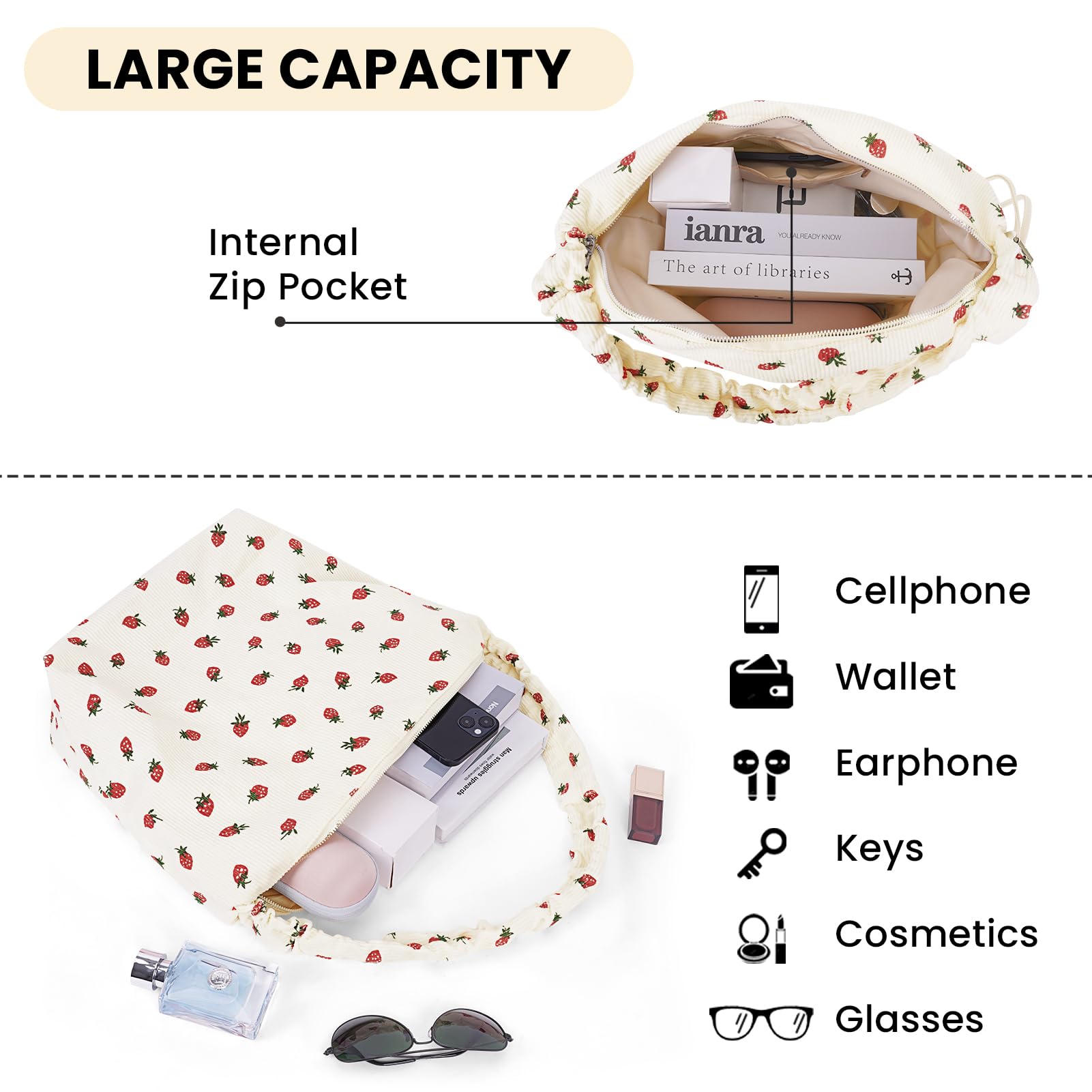Strawberry Print Corduroy Tote Bag for Women - Cute Zippered Shoulder Purse, Aesthetic Hobo Bag | Perfect for Work, Shopping & Daily Use