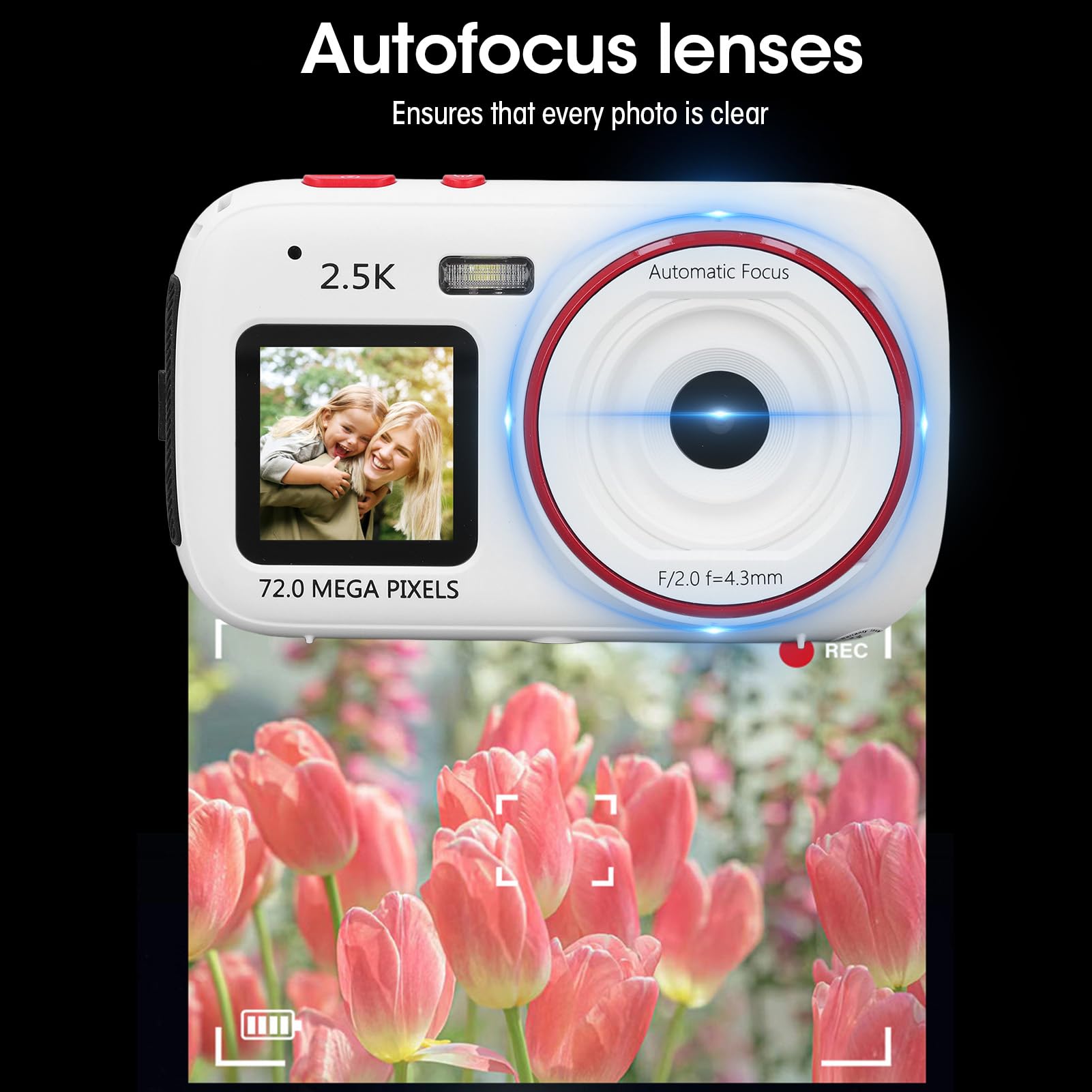 72MP Digital Camera with 16X Zoom & Dual Screen - Compact Vlogging Camera for Beginners, Autofocus Point and Shoot Travel Camera for Photography & Selfies (White) - Perfect for Travel Vlogging, YouTube Content Creation & Everyday Photography