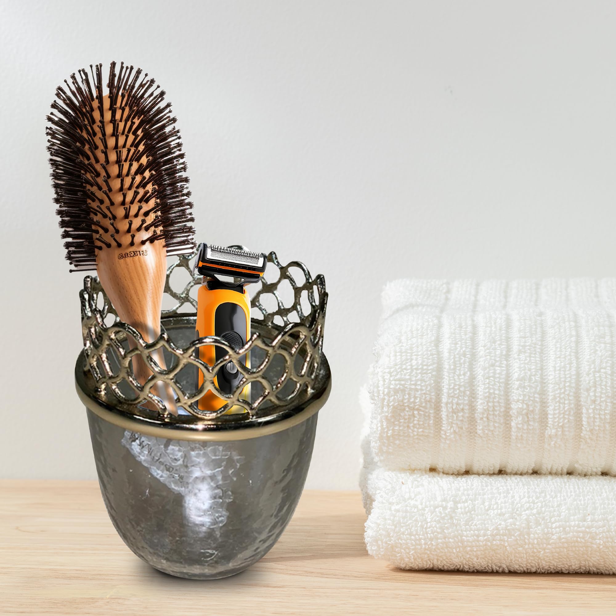 Decozen Brass and Glass Gold Finish Bathroom Tumbler Cup - Elegant Toothbrush Holder & Kitchen Decor for Premium Home Accessories | Arabesque Collection | Perfect for Bathroom Countertop, Vanity Organizer and Luxury Home Decor