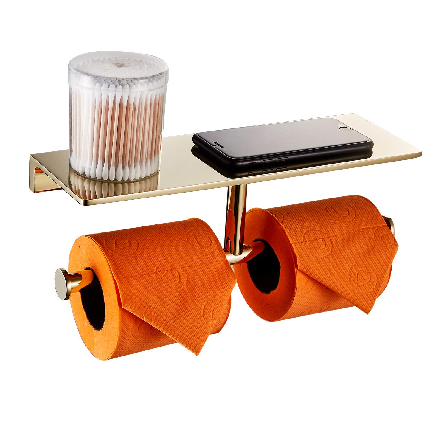 Double Roll Toilet Paper Holder with Shelf - Solid Brass Hotel Style Tissue Dispenser with Storage - Polished Gold Finish for Bathroom & Luxury Restrooms