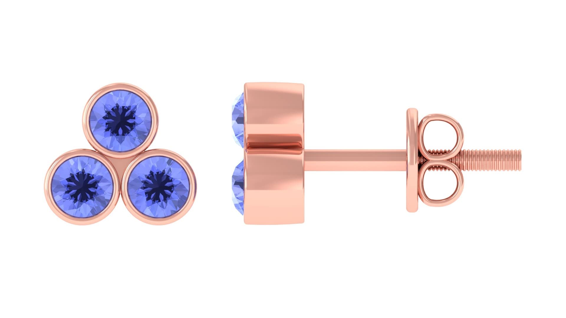1 CT Blue Tanzanite Stud Earrings for Women - 14K Solid Gold Bezel Set Three Stone Earrings - Elegant Tanzanite Jewelry for Everyday Wear, Gift Giving & Special Occasions