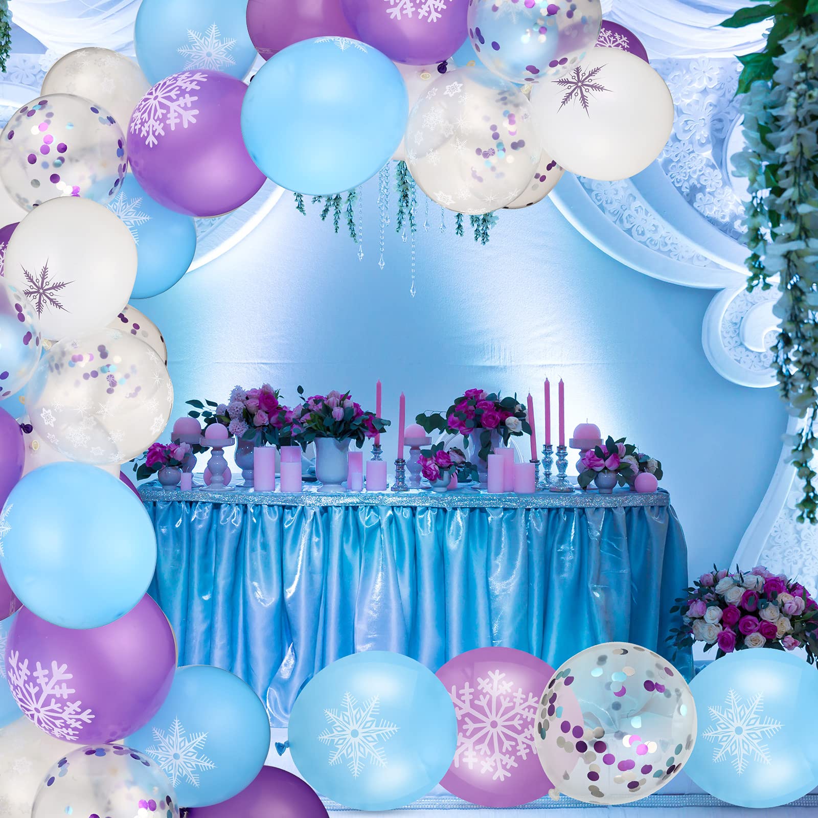 100-Piece 12-Inch Snowflake Balloons - Purple, Blue & White Winter Balloons for Birthday Parties, Baby Showers & Winter-Themed Events | Perfect for Indoor & Outdoor Decorations