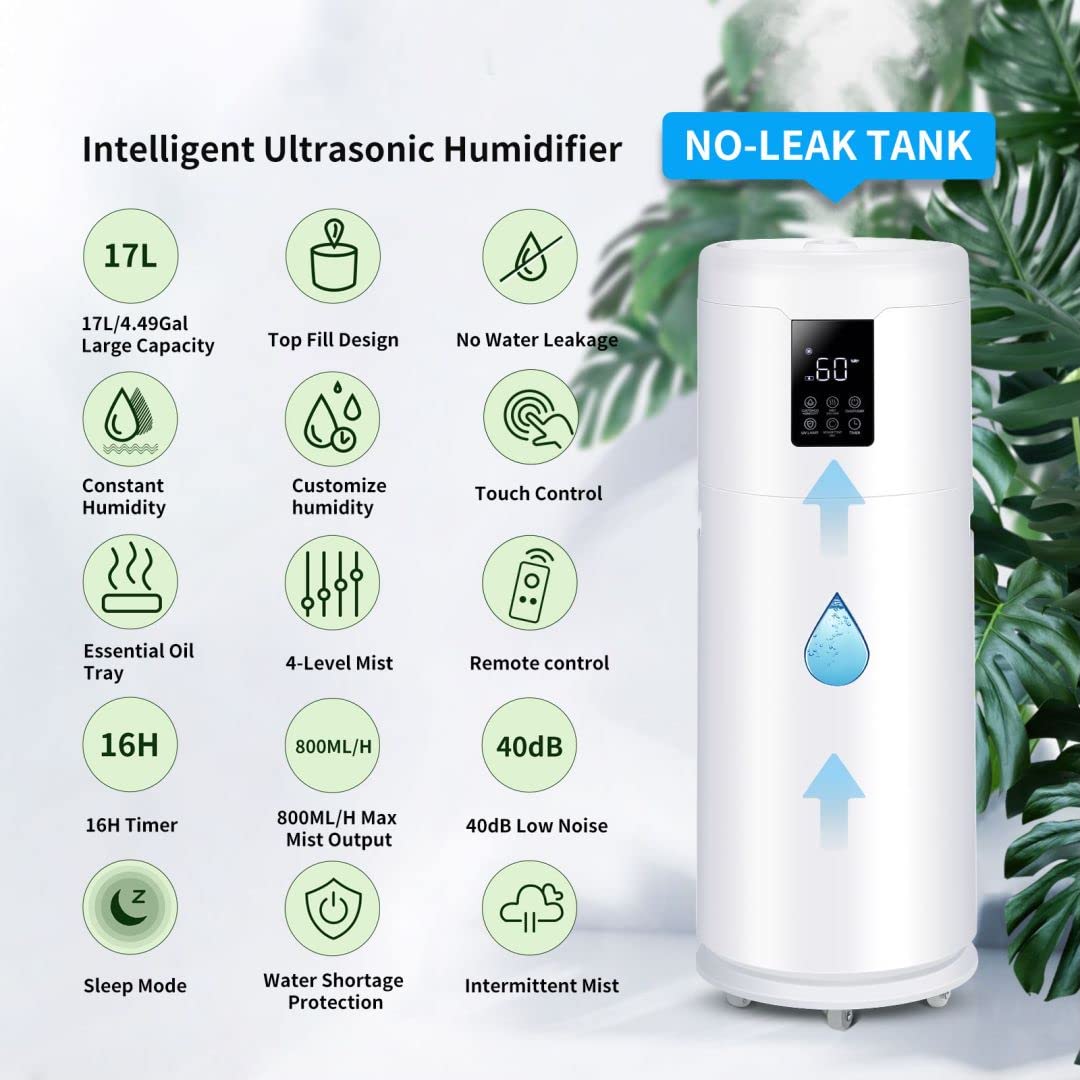 17L/4.5Gal Large Room Humidifier for Home & Office - 2000 sq.ft Coverage with 360° Nozzle & Extension Tube - 4 Speed Mist Settings for Bedroom, Greenhouse & Commercial Spaces - Top Fill Whole House Humidifier for Plants & Dry Air Relief