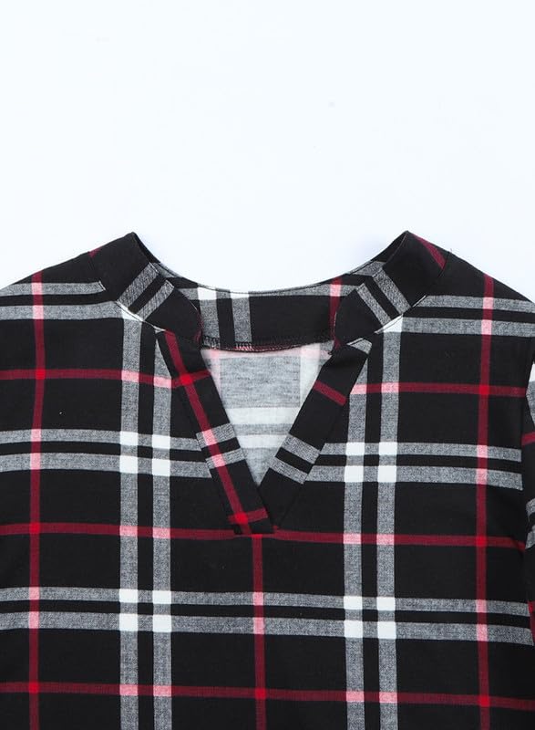 Dokotoo Women's Basic Casual V-Neck Plaid Print Long Sleeve Blouse - Cuffed Work Shirt for Office & Everyday Wear (Sizes S-3XL) | Perfect for Business Casual, Office Outfits & Fall Layering