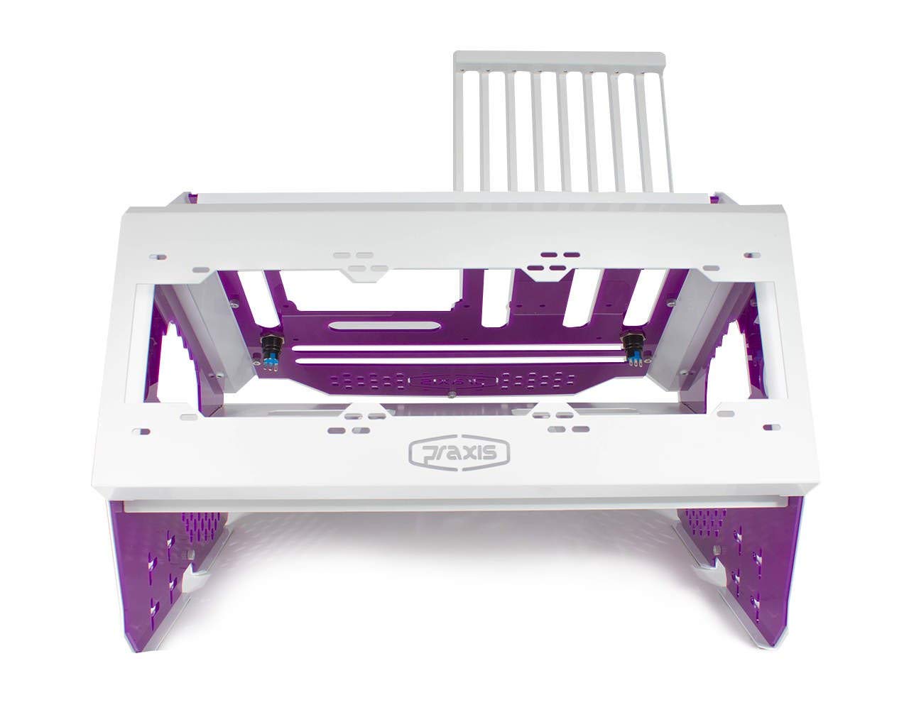 PrimoChill Praxis Wetbench - Powder Coated Steel Modular Open Air Computer Test Bench for Water Cooling & Air Cooling PC Builds - White with Purple Accents - Perfect for PC Builders, Overclockers & Hardware Testing