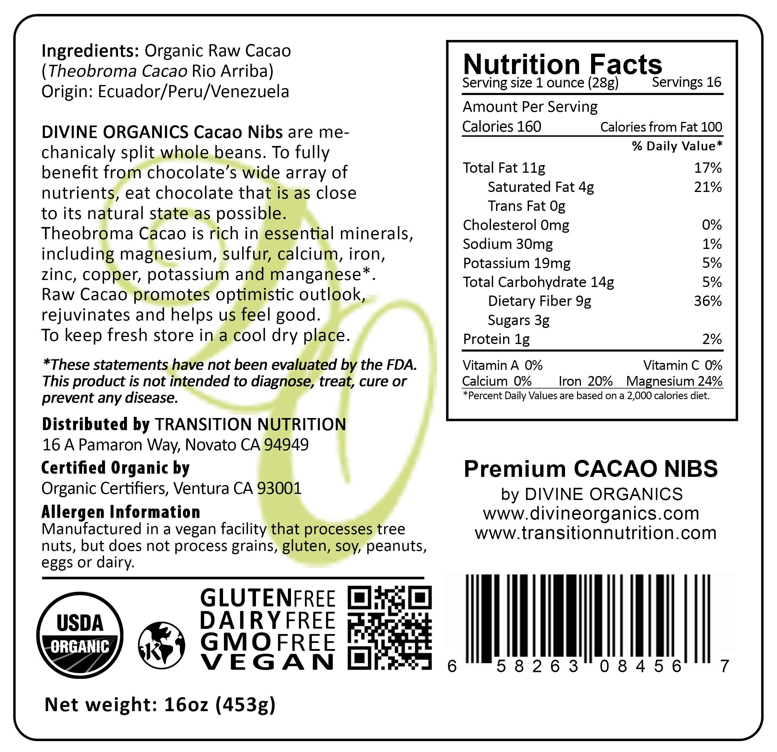 Divine Organics Raw Cacao Nibs 16oz - USDA Certified Organic Premium Rio Arriba Cacao - High in Magnesium & Antioxidants - Perfect for Smoothies, Baking, Snacks, Salads & Trail Mixes - Healthy Chocolate Chips Alternative - Great for Energy Boosting & Healthy Desserts