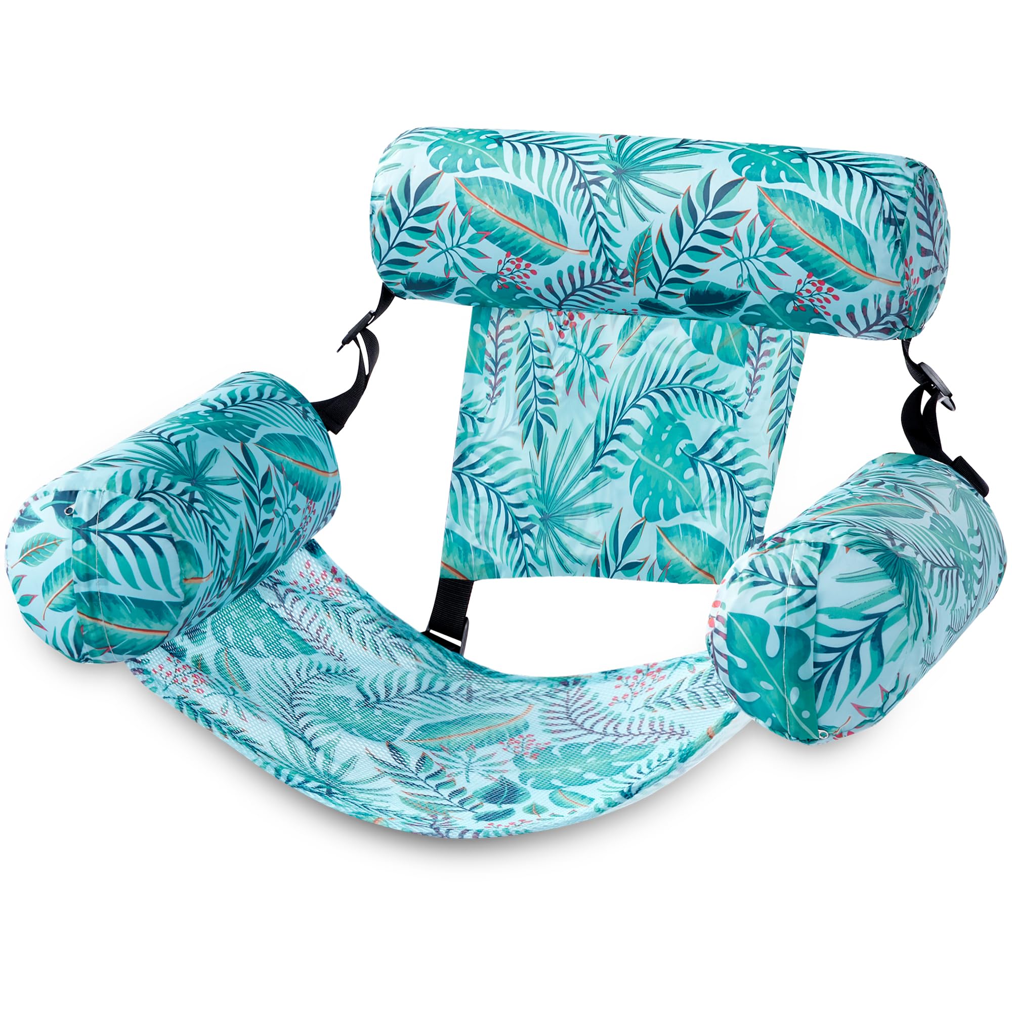 Adult Inflatable Pool Lounge Chair - Plant Pattern Floating Mat Hammock, Blow Up Water Chair with Noodles Raft for Summer Pool Party, Beach Vacation & Backyard Relaxation
