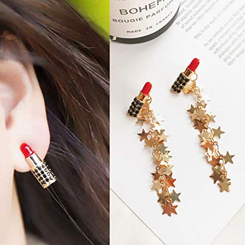 Sexy Red Lipstick Pin Earrings for Women - Long Star Tassel Fringe Drop Dangle Earrings - Wedding & Party Jewelry - Perfect for Date Nights, Prom, and Special Occasions