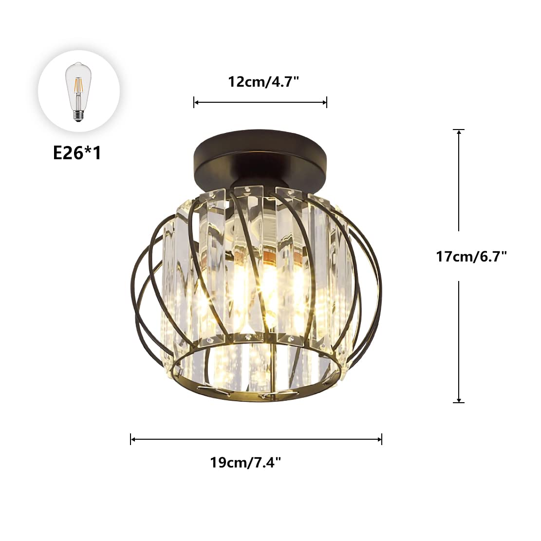 Black Flush Mount Crystal Chandelier - Small Bathroom & Hallway Ceiling Light Fixture - Mid Century Modern Design for Entryway, Bedroom, Porch - Perfect for Home Decor & Romantic Ambiance