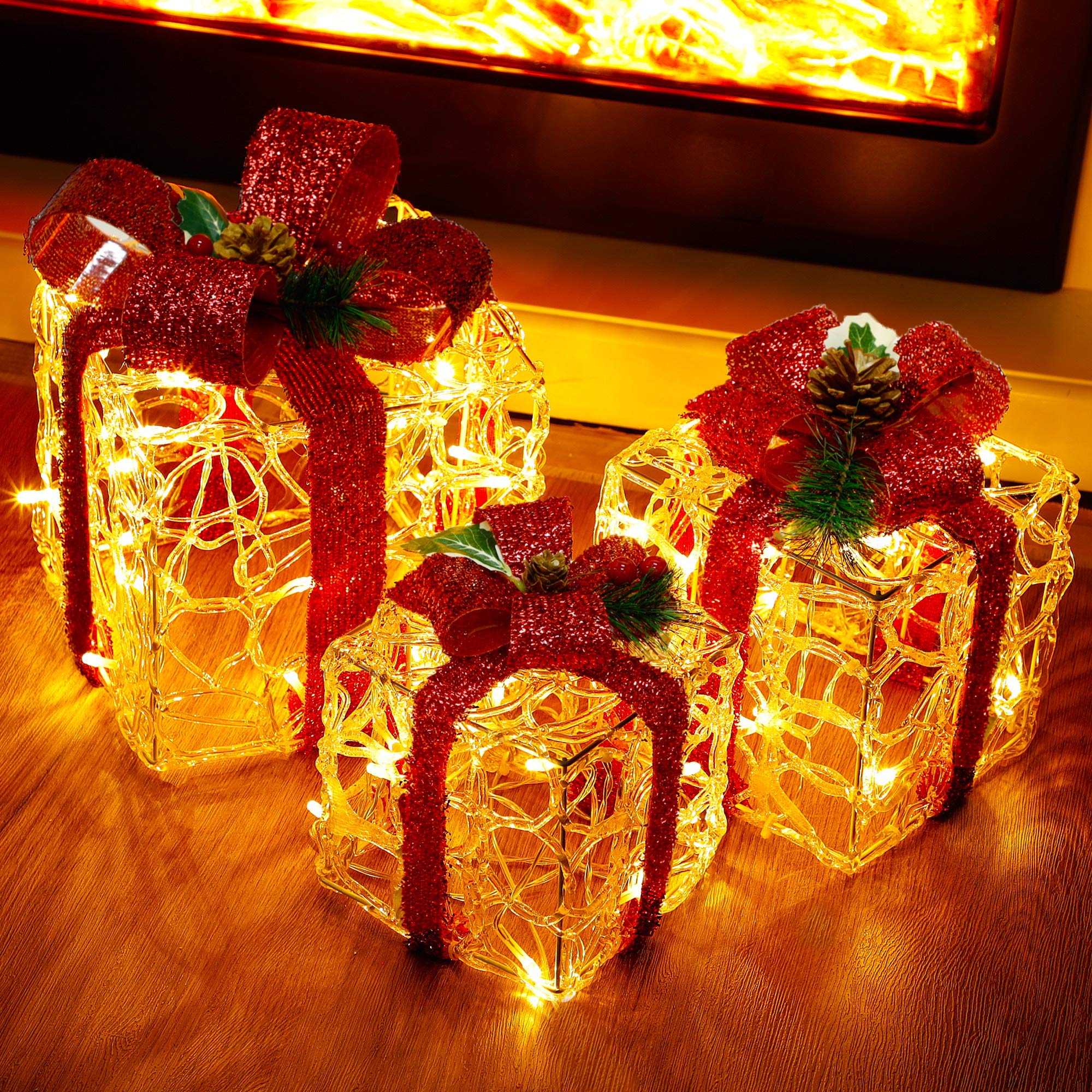 ATDAWN Set of 3 Clear Acrylic Lighted Gift Boxes - Christmas Present Box Decorations for Home, Party & Holiday Display - Perfect for Christmas Tree, Mantel & Tabletop Decor