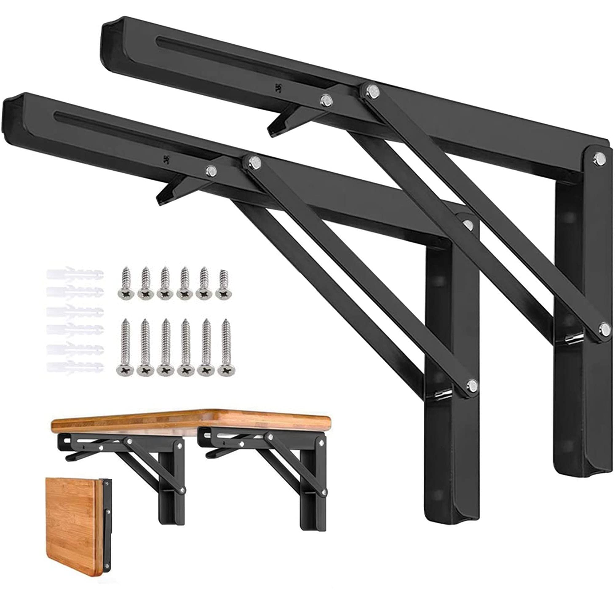 Heavy Duty 20 Inch Folding Shelf Brackets (2 Pack) - Sturdy Metal Wall Mounted Collapsible Brackets for DIY Shelves, Space Saving Solution for Bench, Table, Kitchen, Garage & Home Organization