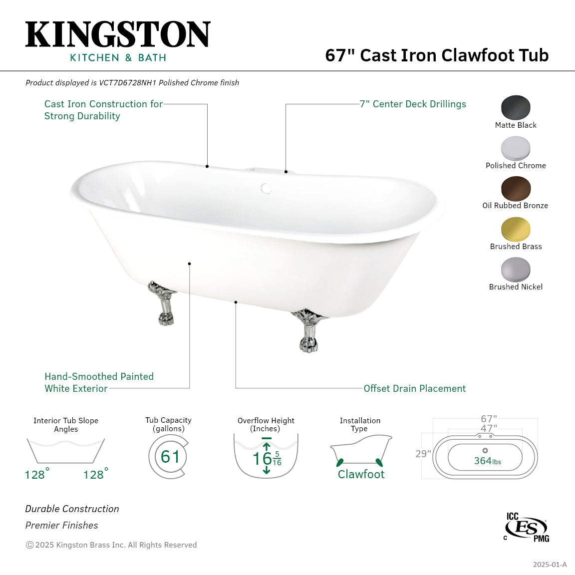 Aqua Eden 67 Inch White Matte Black Cast Iron Oval Double Slipper Clawfoot Bathtub with 7 Inch Faucet Drillings - Vintage Freestanding Soaking Tub for Luxury Bathroom & Spa Retreat