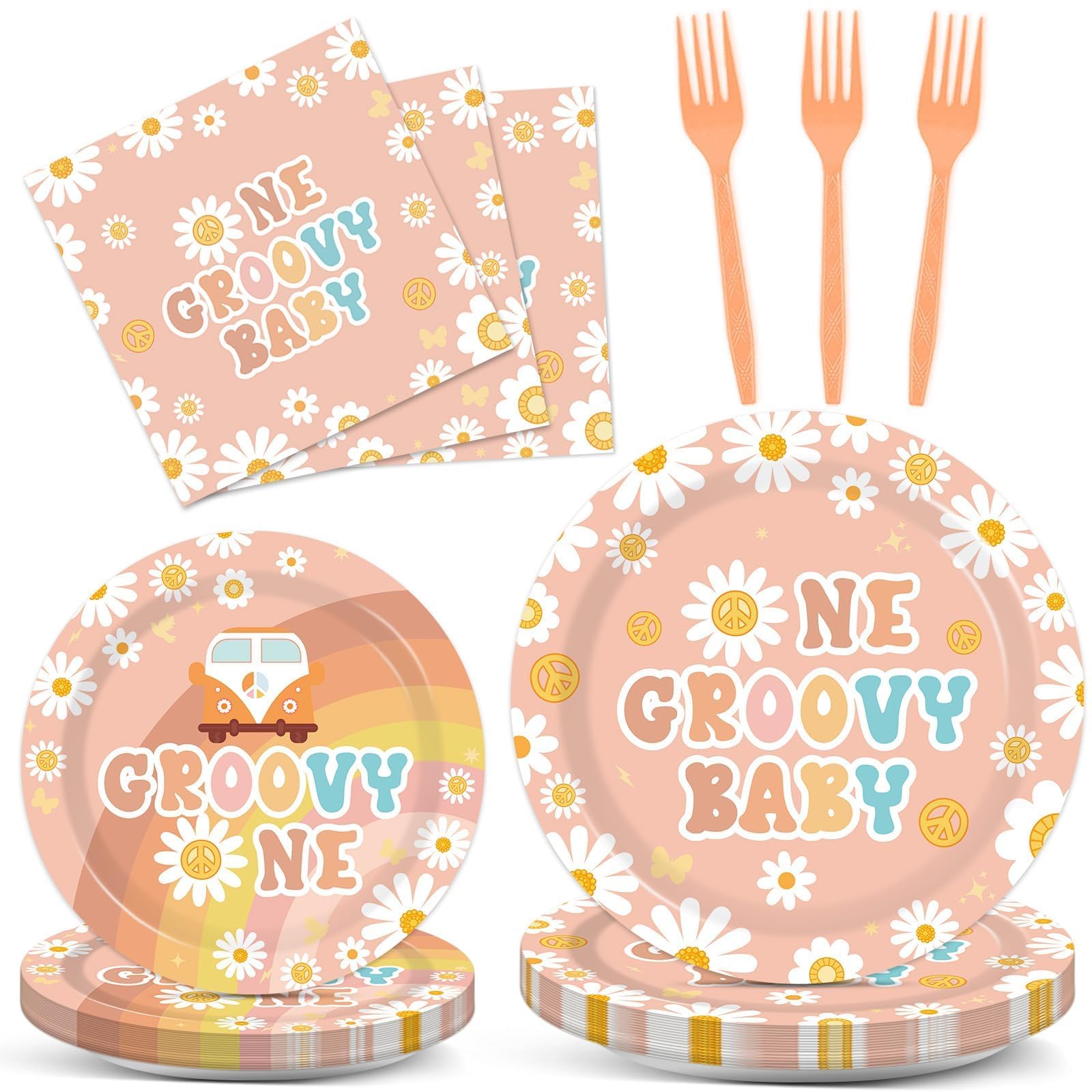 96PCS Groovy Birthday Party Decorations Set - Daisy Flower Hippie Themed Paper Plates & Napkins for Girls, 1st Birthday, Baby Shower, Boho Tableware Supplies | Perfect for Retro Themed Parties, Newborn Celebrations & Hippie-Inspired Events