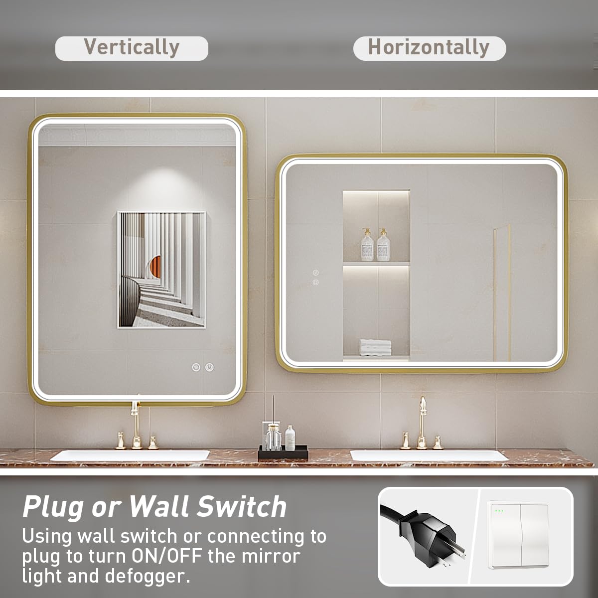 24x32 Inch LED Bathroom Mirror with Lights - Gold Framed Wall Mounted Vanity Mirror, Anti-Fog, Dimmable & Touch Control for Makeup (Horizontal/Vertical) - Perfect for Modern Bathrooms, Dressing Rooms & Vanity Areas