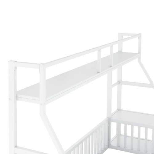 Full Size Kids Floor Bed with Safety Fence - White Metal Bed Frame with Built-in Desk & Storage Shelves for Toddlers and Children | Perfect for Small Bedrooms, Montessori Rooms, and Play Areas
