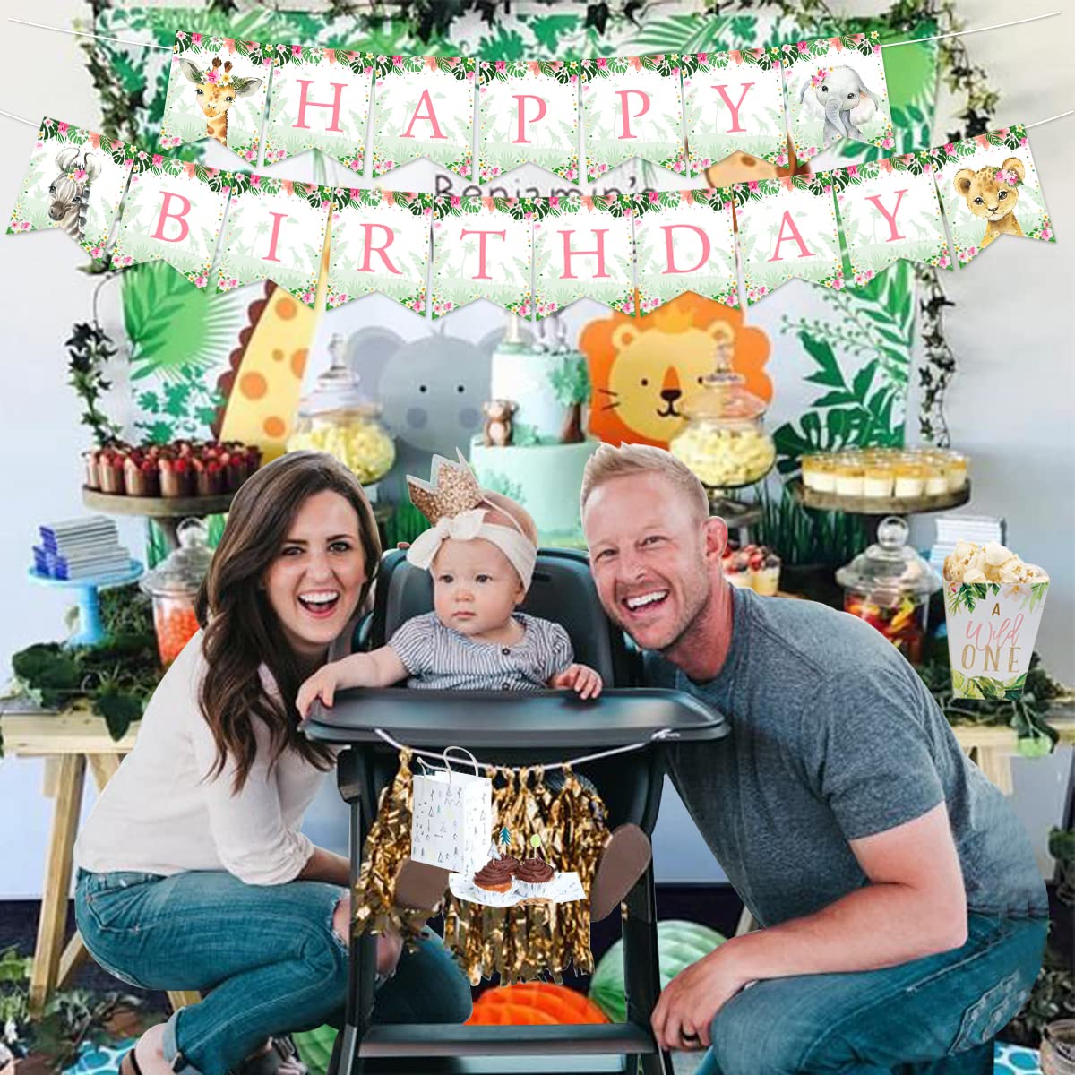 Jungle Happy Birthday Banner for Girls - Green & Pink Safari Theme Birthday Decorations | Perfect for Wild One, Wild Two, Wild Three Birthday Parties & Jungle-Themed Celebrations