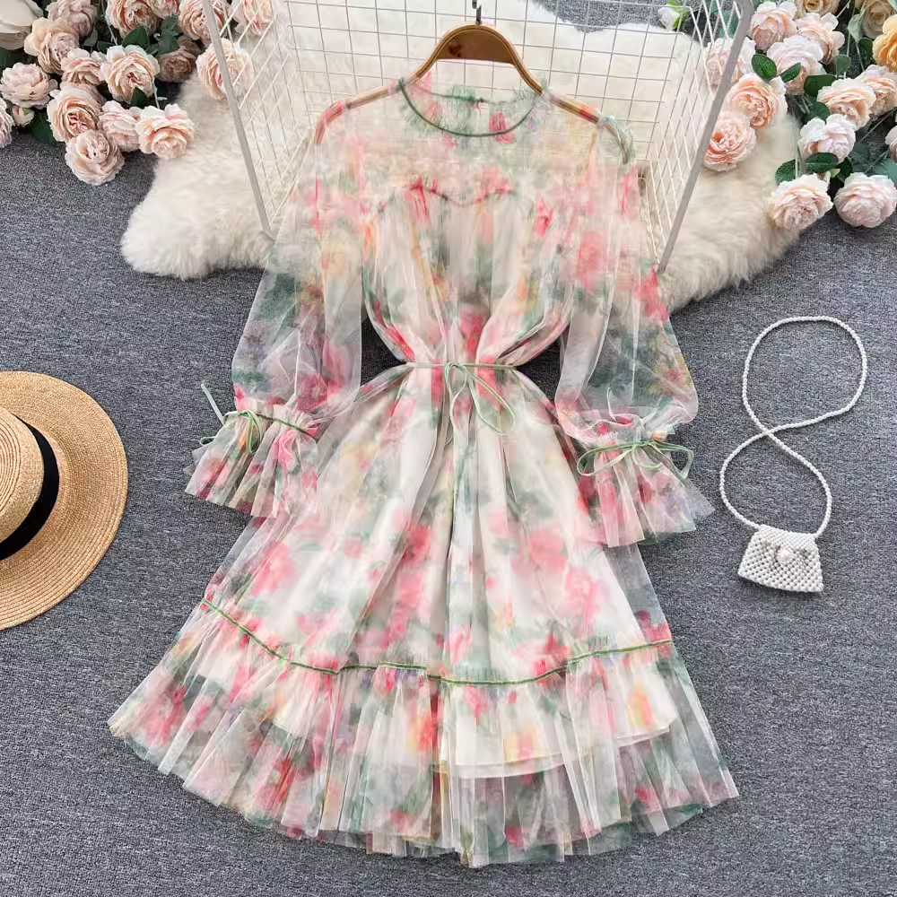 French Sweet Long Sleeve Mesh Floral Princess Dress for Women | Elegant Autumn Party Gown | Perfect for Weddings, Tea Parties & Formal Occasions