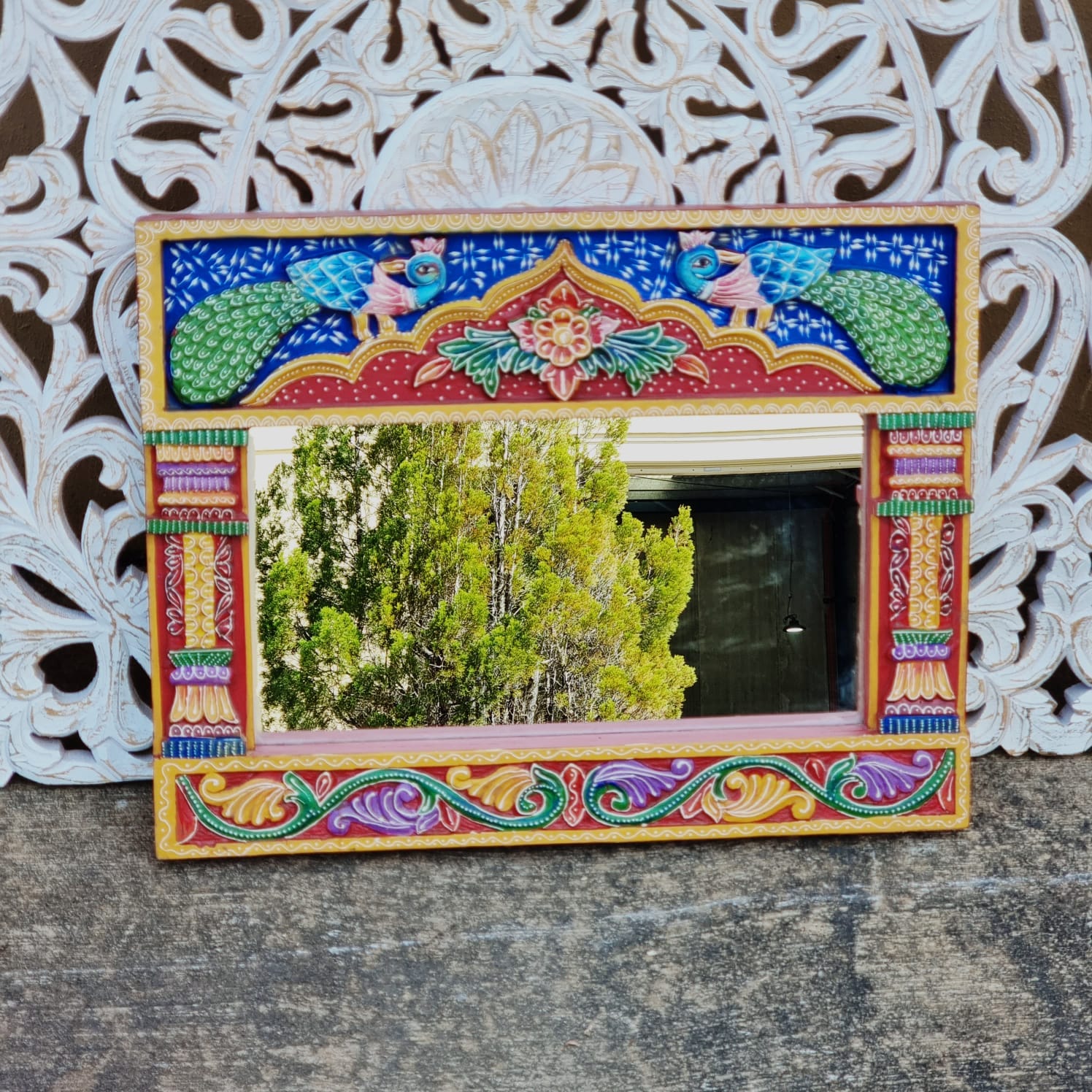 Hand Carved Indian Solid Wood Wall Mirror with Floral Pattern - Multi-Color 65x50cm - Boho Home Decor for Living Room, Bedroom & Entryway