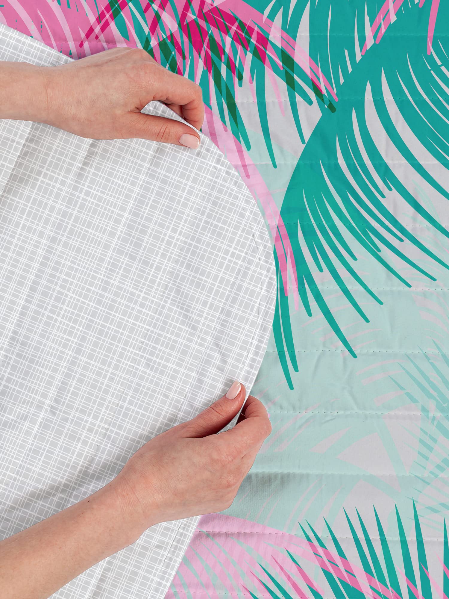 Ambesonne Reversible Queen Size Bedspread Set - Vibrant Pink & Green Palm Leaf Beach Theme, Includes Comforter & Pillow Shams | Soft Microfiber Bedding for Coastal Decor, Boho Chic Bedroom, Summer Parties