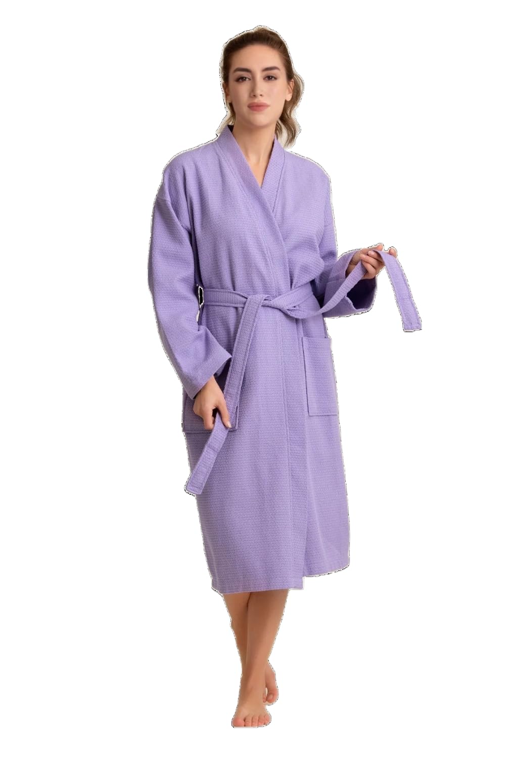 100% Cotton Women's Waffle Turkish Bathrobe - Soft & Absorbent Lavender Purple Robe - One Size Fits Most - Perfect for Spa, Beach Cover-Up & Relaxing at Home