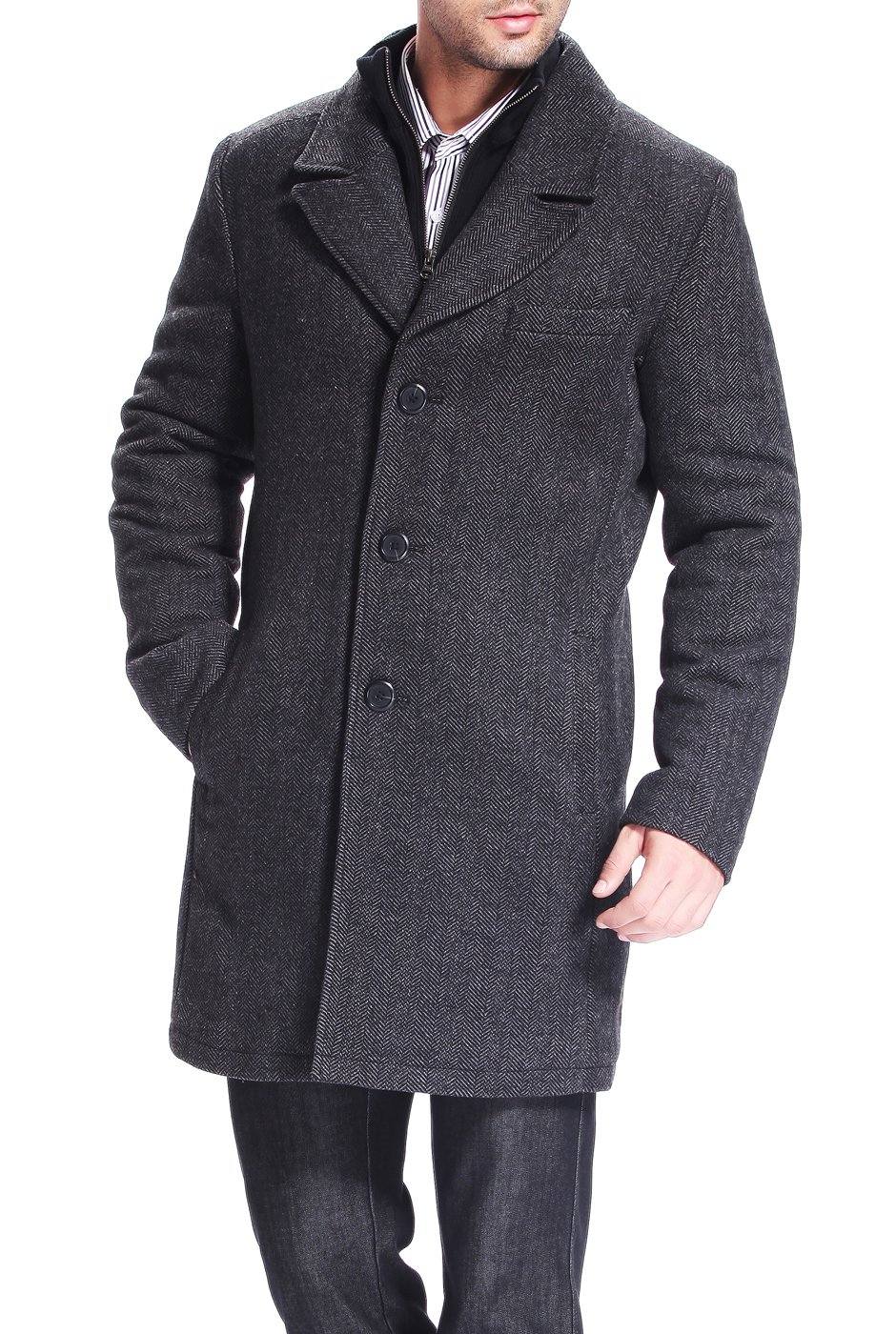 BGSD Men's Derek Herringbone Wool Blend Single Breasted Walking Coat - Winter Warm Formal Overcoat for Business, Office & Outdoor Activities