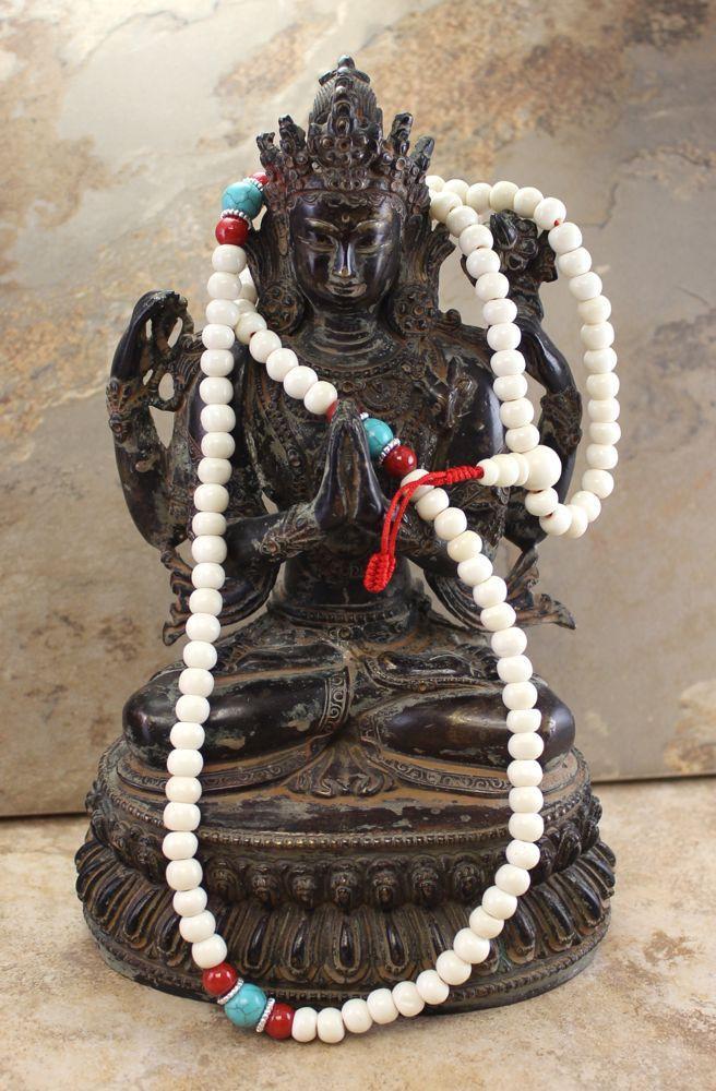 Authentic Tibetan 108 Mala Beads - Natural Bone, Turquoise & Coral Prayer Necklace for Meditation, Yoga & Spiritual Healing