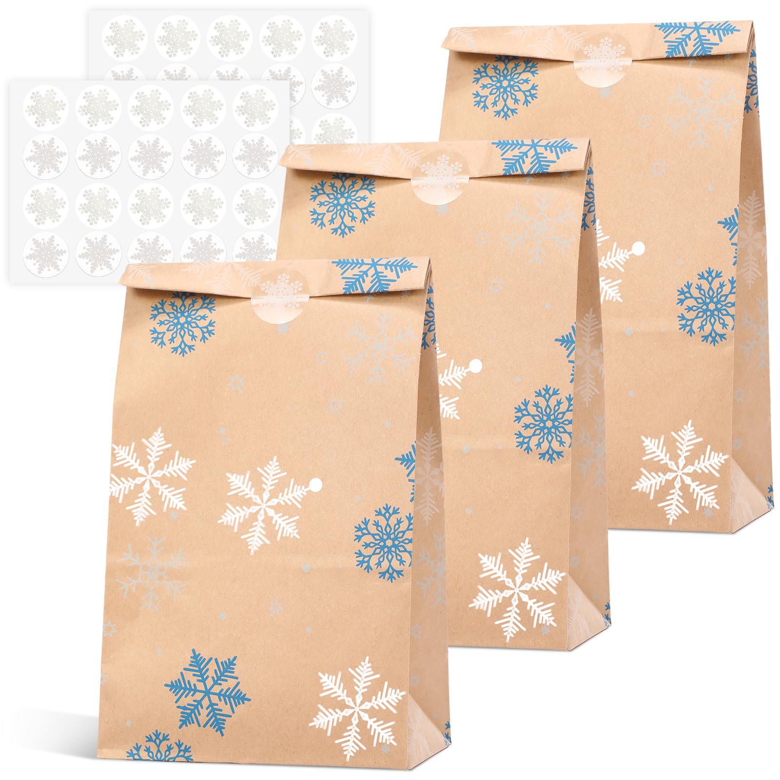 Cholemy 60 Pcs Christmas Snowflake Gift Bags with Sealing Stickers - 5.1 x 9.4 x 3.1 Inch Kraft Paper Goodie Bags for Holiday Party Favors, Treats & Cookies | Perfect for Xmas Decorations, Winter Weddings & DIY Gift Wrapping