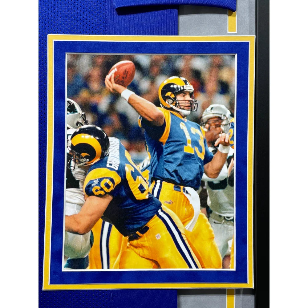 Kurt Warner Autographed St. Louis Rams Jersey - Framed BAS Certified Signed NFL Memorabilia - Perfect for Sports Collectors, Man Cave Decor & Football Fan Gifts