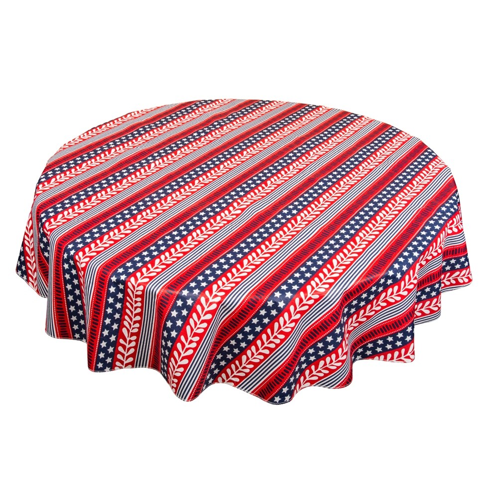 Americana 60-Inch Round PEVA Flannel Backed Tablecloth - Waterproof & Stain-Resistant for Dining, Parties, and Outdoor Events