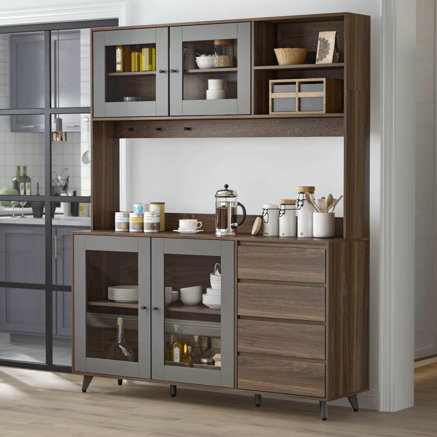 Freestanding Kitchen Pantry Cabinet with Glass Doors, Shelves & Drawers - Modern Wood Buffet Sideboard with Hutch & Hooks - Dark Brown Storage Cupboard for Dining Room, Living Room & Kitchen Organization