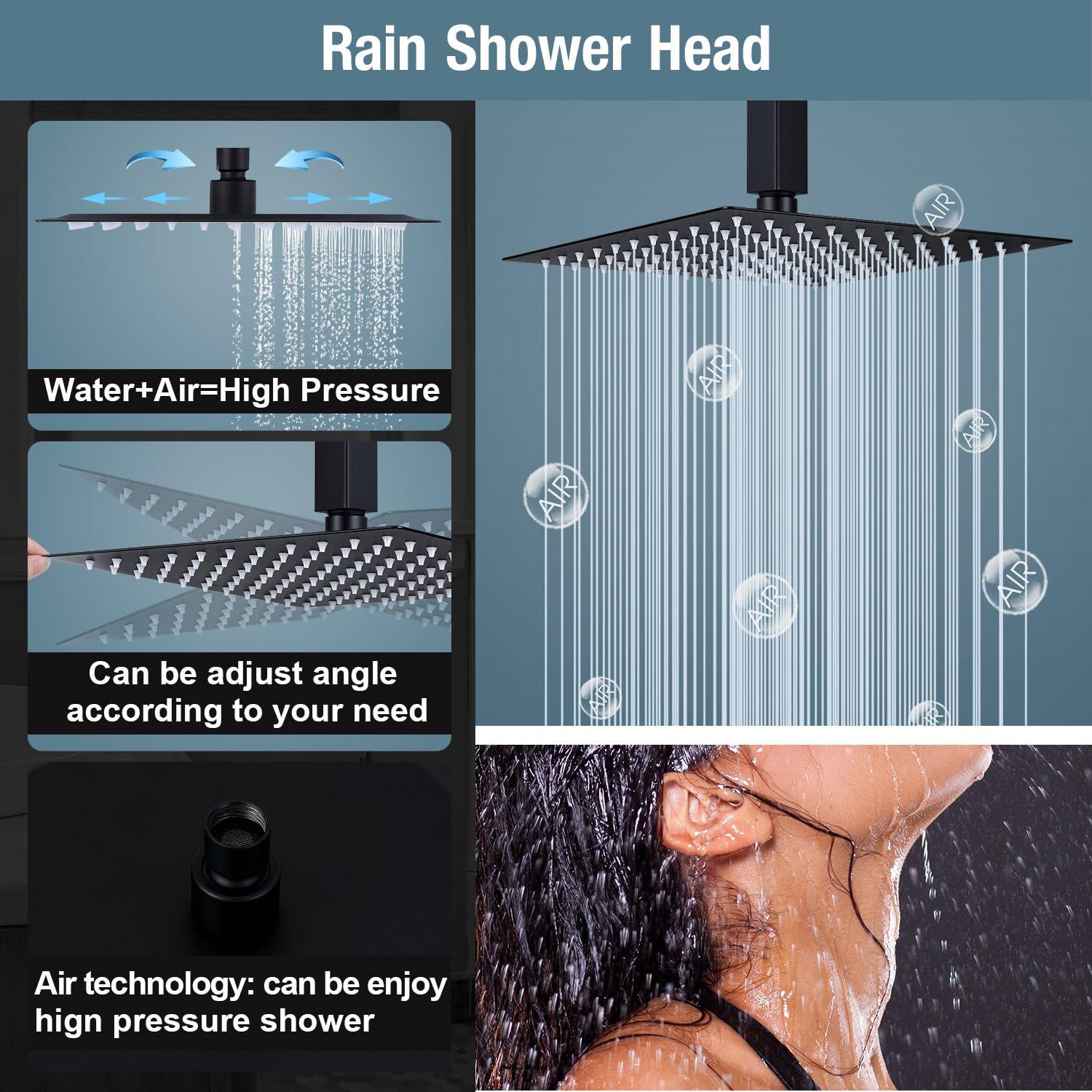 10 Inch Square Ceiling Mount Rainfall Shower System - SUS304 Stainless Steel Shower Faucet Set with Black Trim Kit for Modern Bathroom | Perfect for Spa-Like Experience & Luxury Home Renovation