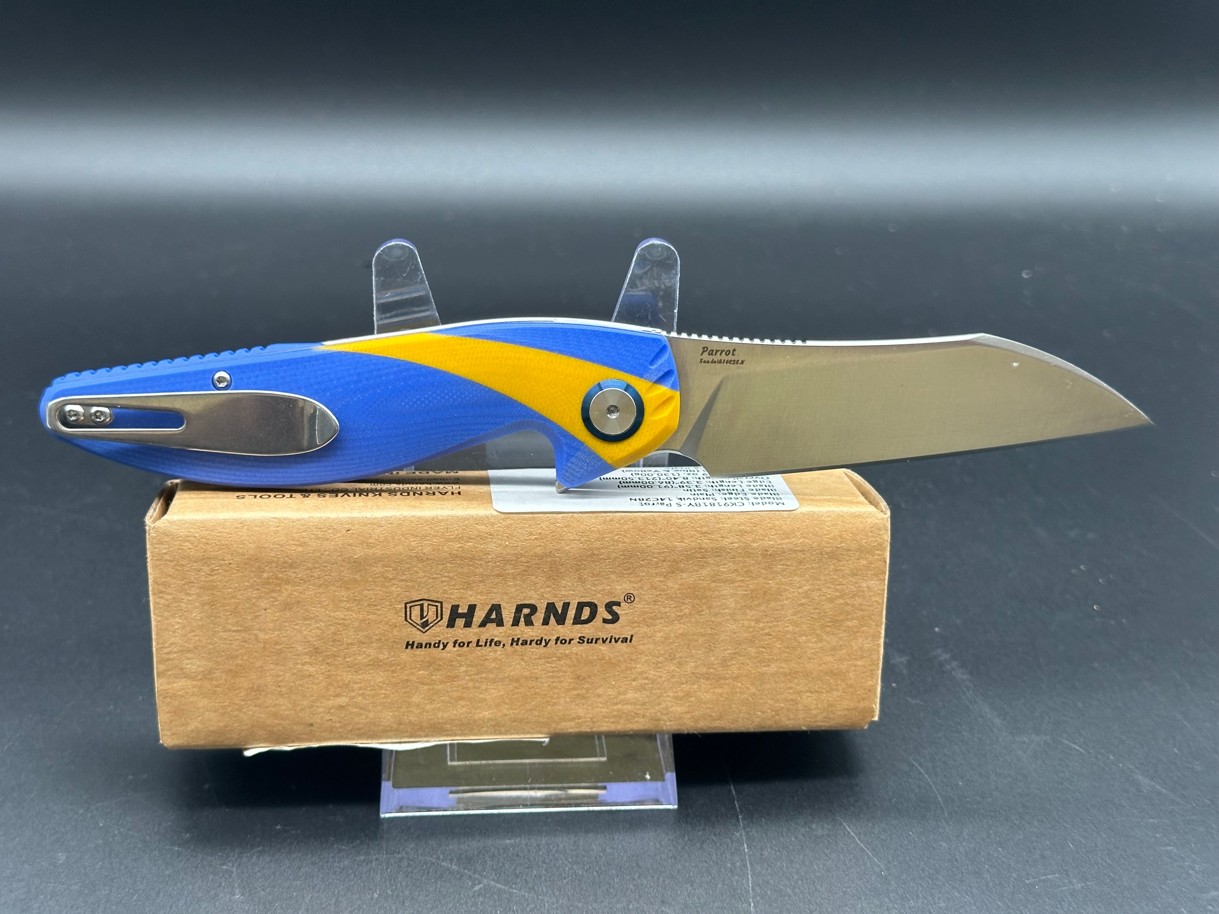 HARNDS Parrot Folding Pocket Knife - Blue/Yellow G10 Handle, EDC Camping, Hiking & Outdoor Survival Tool