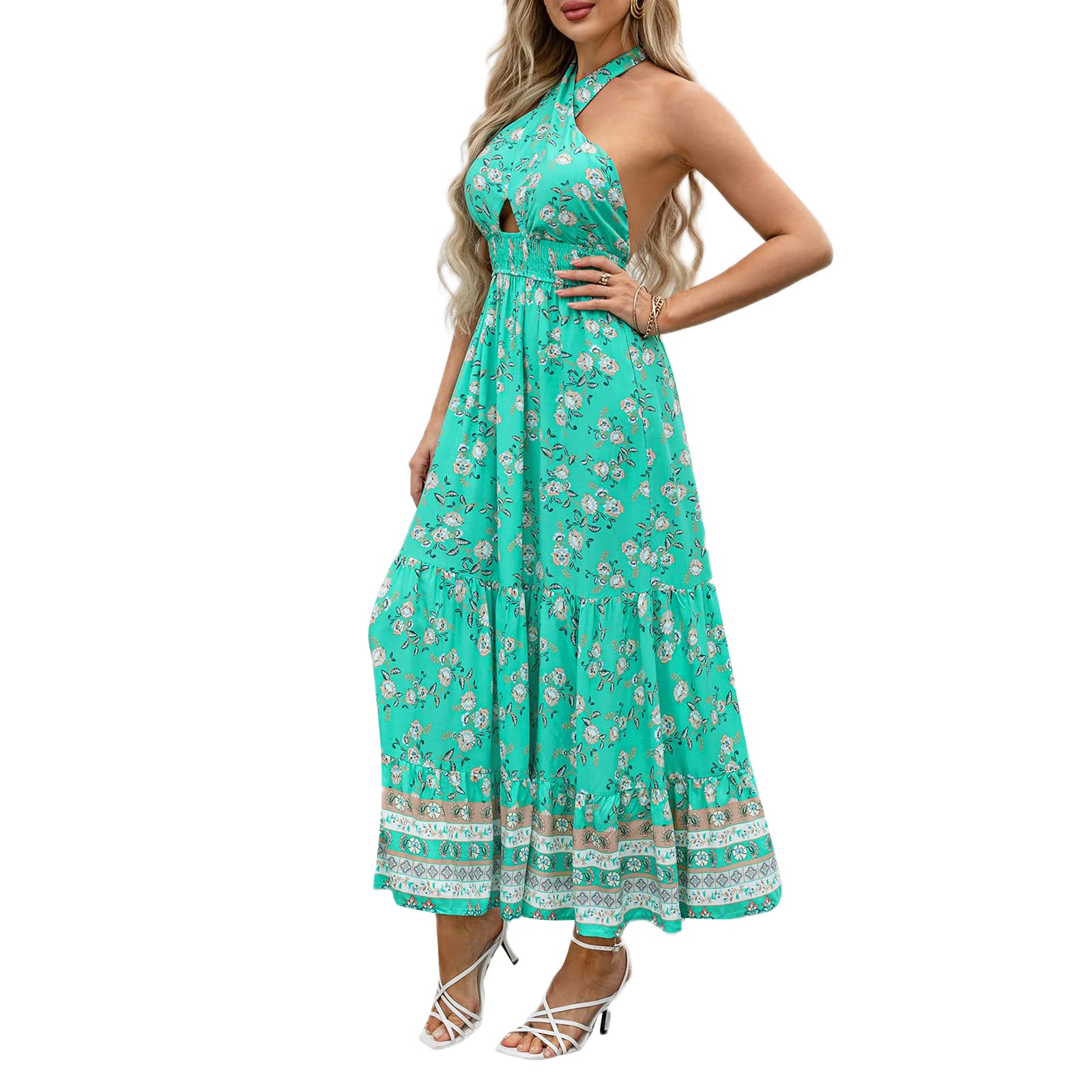Women's Floral Criss Cross Halter Neck Summer Dress - Sleeveless Backless Cut Out A-Line Maxi Dress for Beach, Vacation & Party Wear