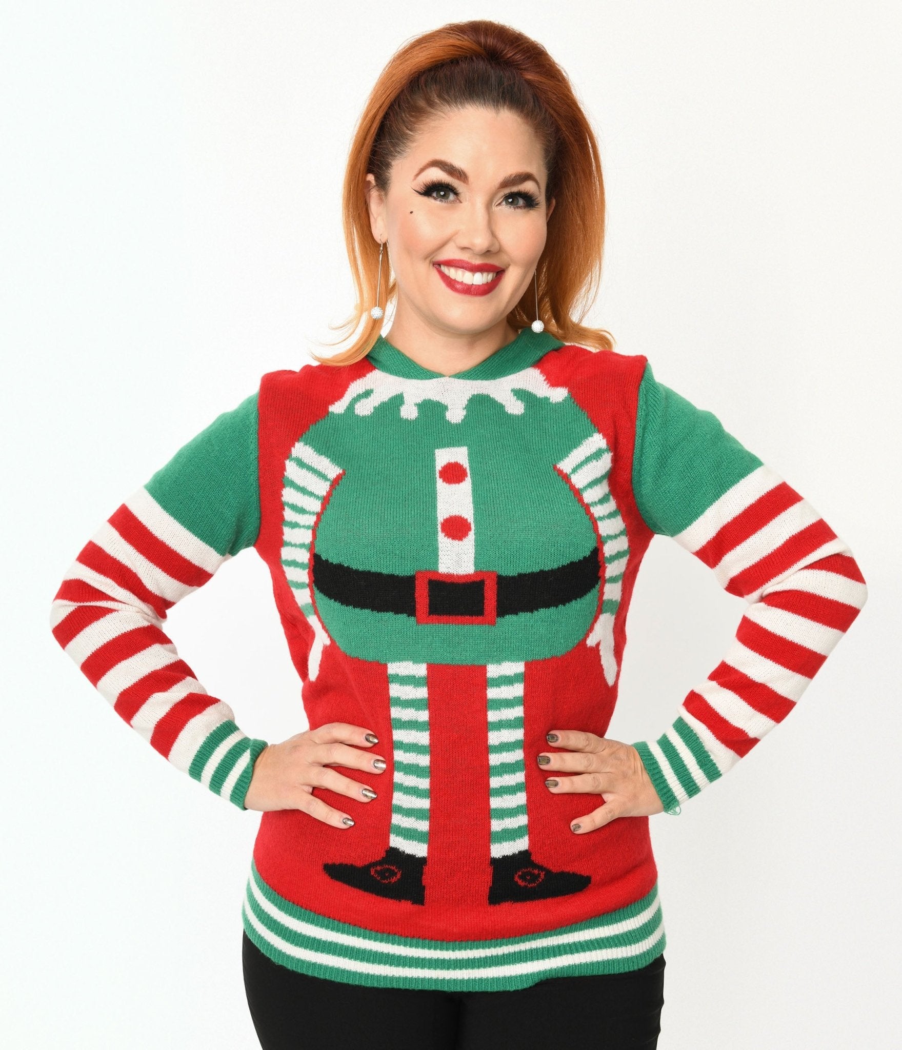 Festive Red & Green Elf Hooded Christmas Sweater - Cozy Holiday Pullover for Xmas Parties, Family Gatherings & Winter Celebrations