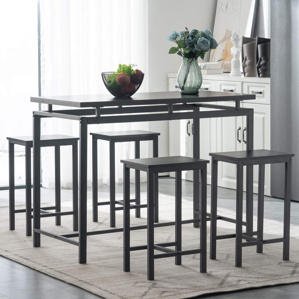 Modern 5-Piece Dining Set, Contemporary Wood Table with Four Stools, Home Kitchen Breakfast Furniture, Black, Great for Family Meals and Entertaining