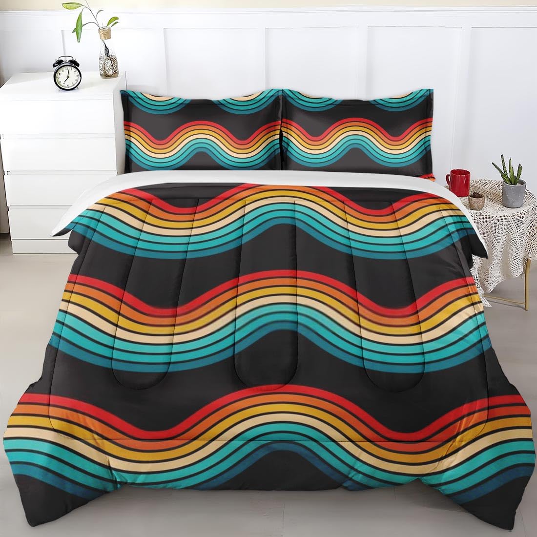 Retro Rainbow Vintage 70s Queen Size Comforter Set - Blue Painting Stripe Bedding with 2 Pillowcases for Kids & Adults | Cozy Bedroom Decor for Guest Rooms, Dorms & Master Bedrooms