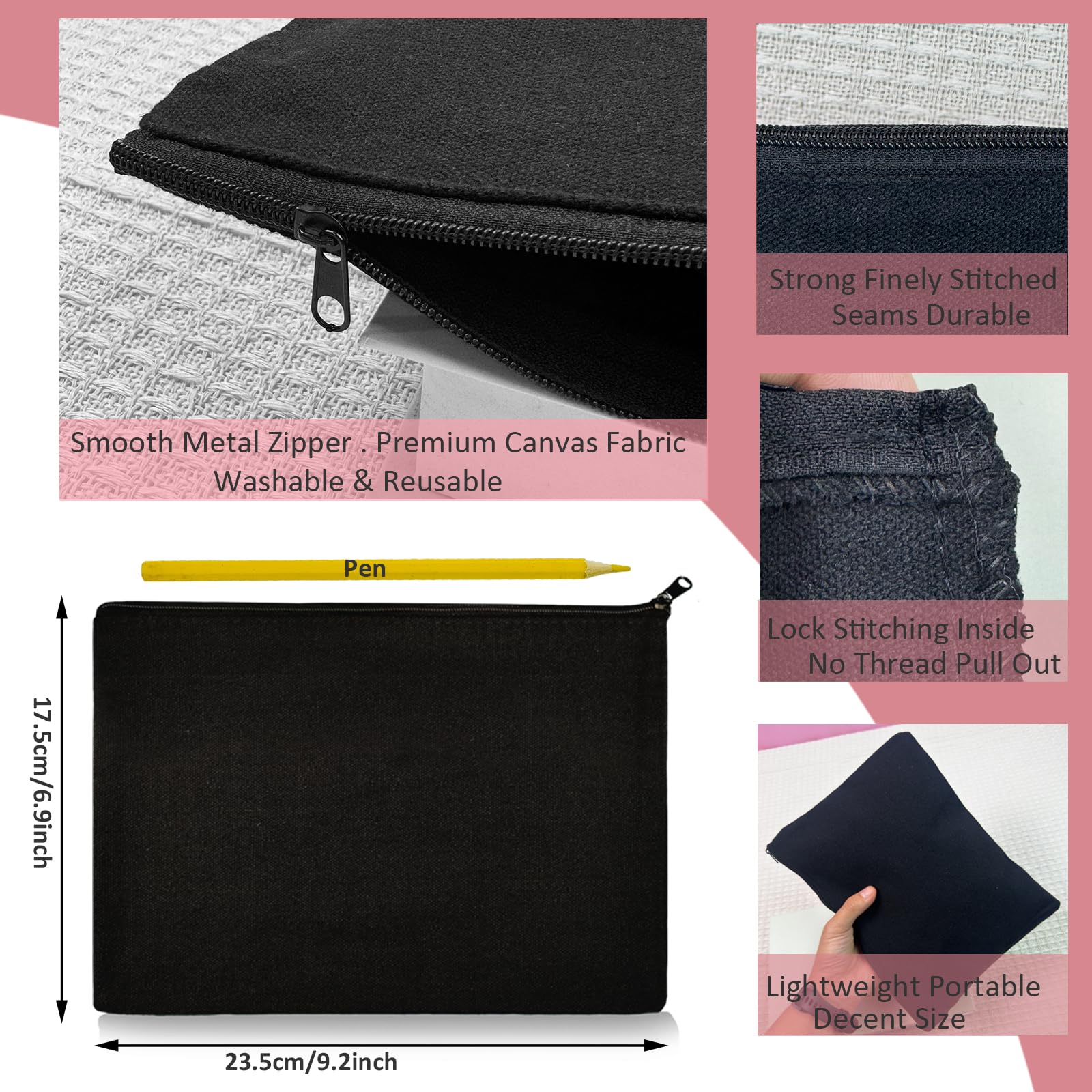 Koolmox Black Canvas Makeup Bags - 40 Pack 9x7 Inch Large Blank Zippered Cosmetic Pouches for Makeup, Travel Toiletries, Art Supplies & Office Essentials | Perfect for Travel, Home Organization & Gift Giving