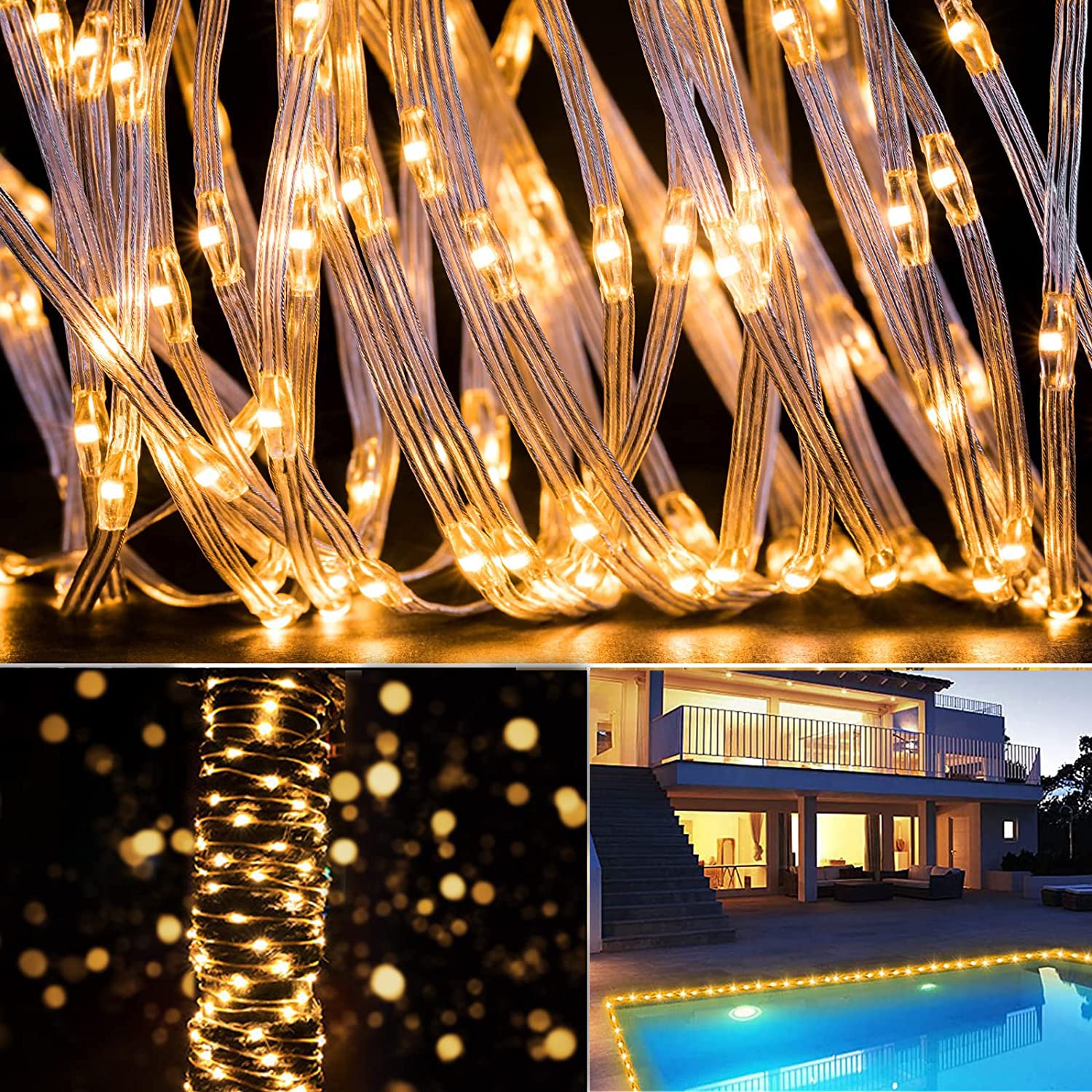 Quntis 82FT Outdoor LED Rope Lights - 500 Ultra Bright Waterproof Christmas String Lights with 8 Lighting Modes & Memory Function (Warm White) - Perfect for Indoor/Outdoor Holiday Decorations, Patio, Garden, and Party Lighting