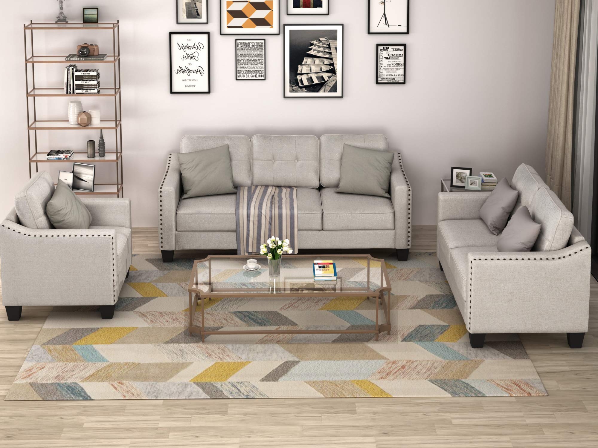 Modern 3-Piece Linen Sectional Sofa Set with Nail Trim - SCANORDIC Loveseat & Armchair for Living Room, Bedroom, or Office - Beige Upholstered Furniture for Small Spaces and Apartments