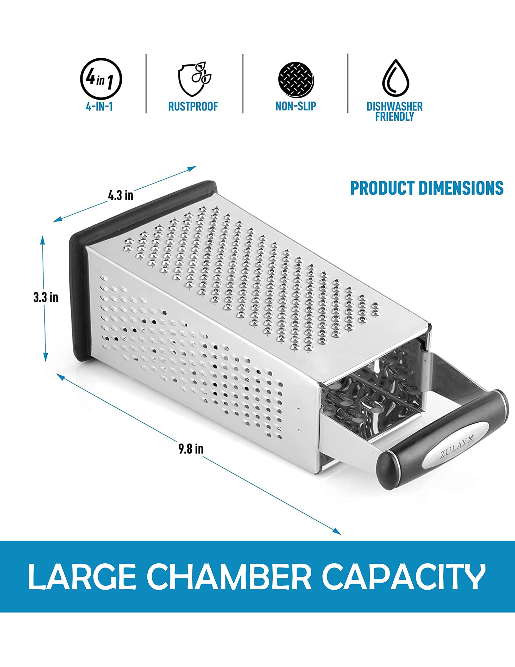 NAALSA - 9 Inch Stainless Steel Professional Multi-Purpose Grater, Vegetable Chopper & Slicer - Perfect for Cheese, Carrots, Cucumbers & More - Ideal for Salads, Meal Prep & Home Cooking