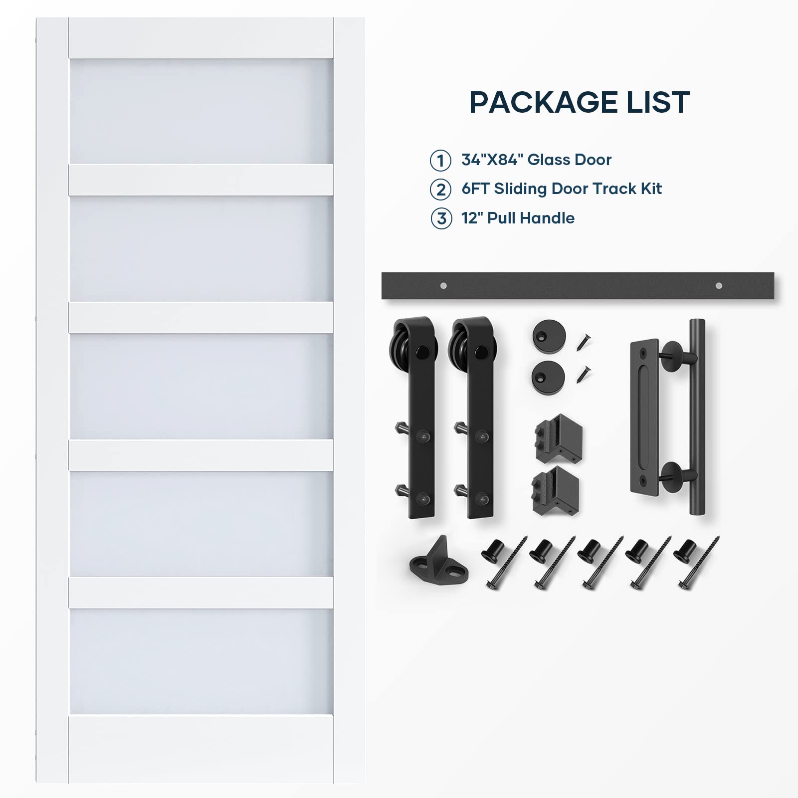 EaseLife 34x84 Inch White 5-Panel Glass Barn Door with 6FT Sliding Hardware Kit - Waterproof Scratch-Resistant PVC Coated Solid LVL Wood - Easy DIY Assembly for Bedroom, Closet, or Office Partition