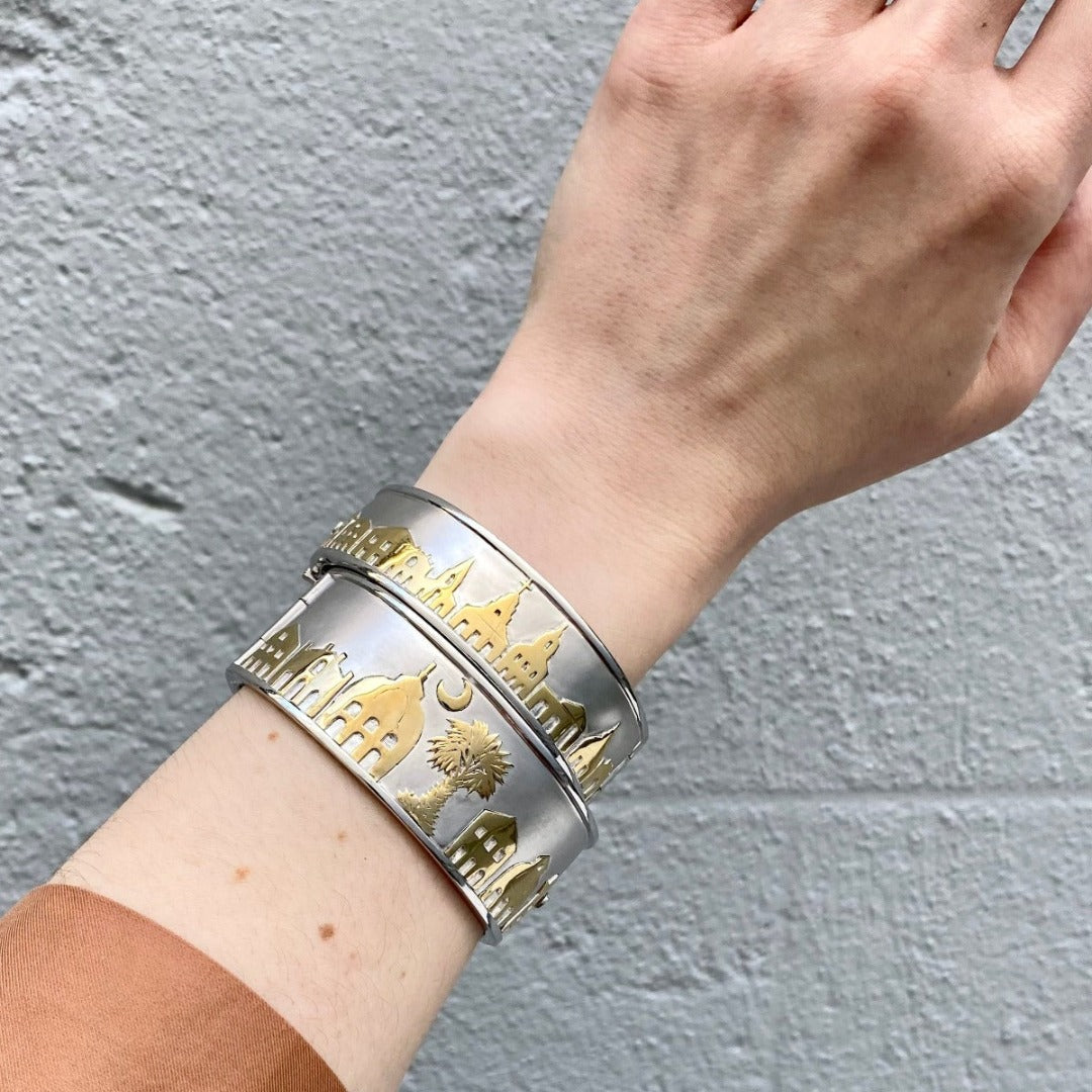 Charleston Skyline Cuff Bangle Bracelet - Elegant Silver Cityscape Jewelry for Women - Perfect for Travel Souvenirs, Gifts & Everyday Wear