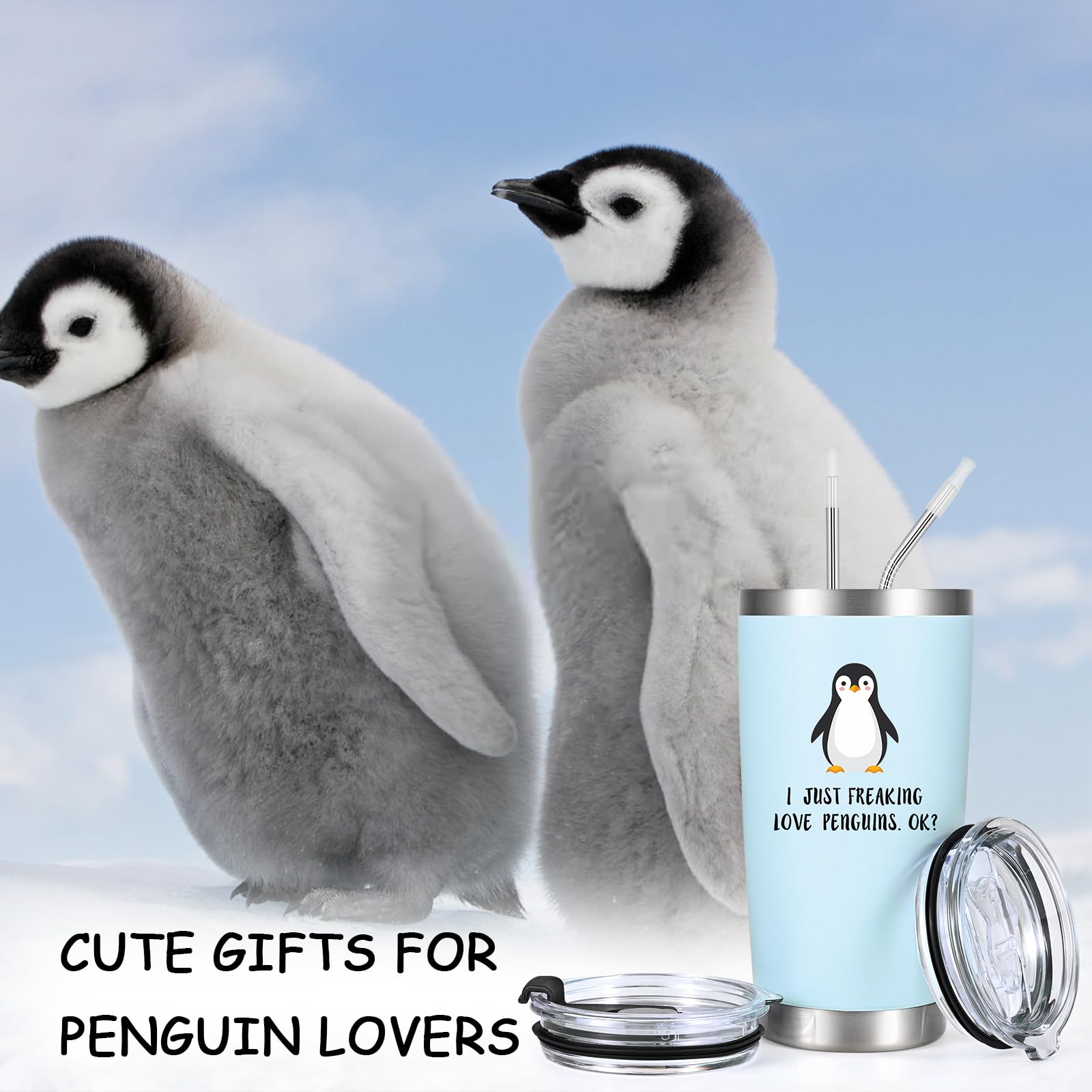 LiqCool 20oz Stainless Steel Tumbler with Lid & Straw - Cute Penguin Design Gift for Women & Men - Perfect Christmas, Birthday Present for Penguin Lovers - Light Blue Insulated Cup for Coffee, Tea & Cold Drinks at Home, Office or Travel