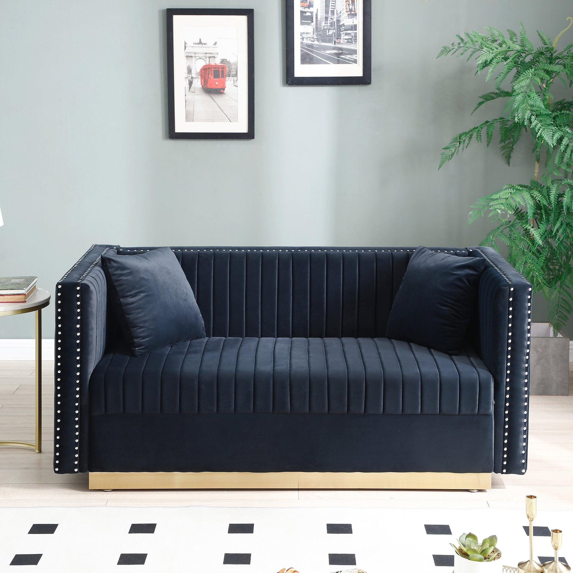 Modern Velvet Loveseat Sofa - Contemporary Upholstered 2-Seater Couch with Tufted Back and 2 Pillows for Living Room, Apartment - Black | Perfect for Small Spaces, Cozy Reading Nook & Lounge Area