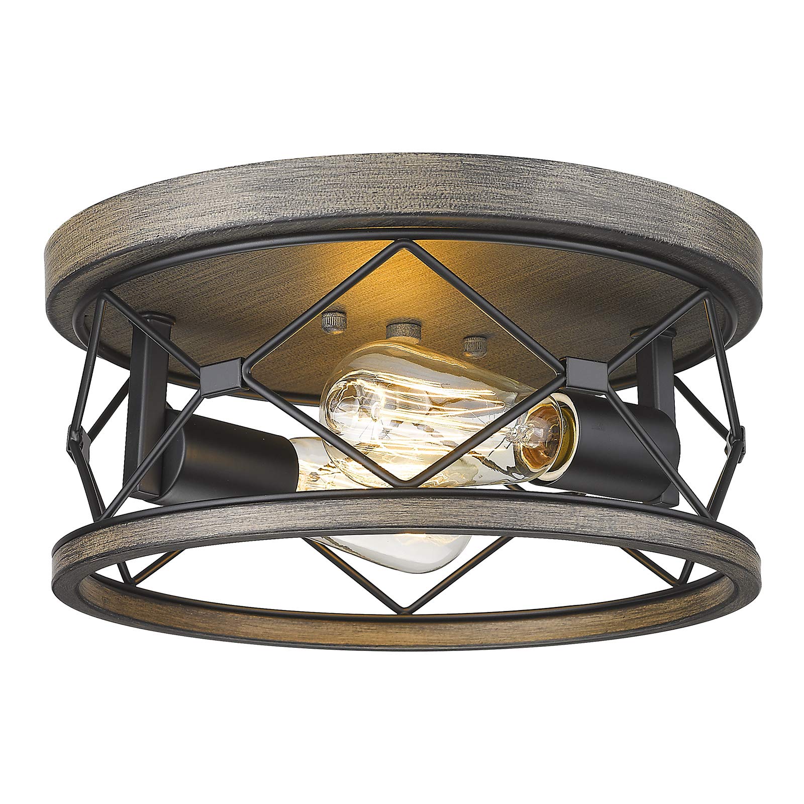 Osimir 12 Inch 2-Light Flush Mount Ceiling Light Fixture - Black & Wood Grain Metal Lighting for Bedroom, Kitchen, Hallway (Model RE9179-2B) | Modern Indoor Lighting Solution