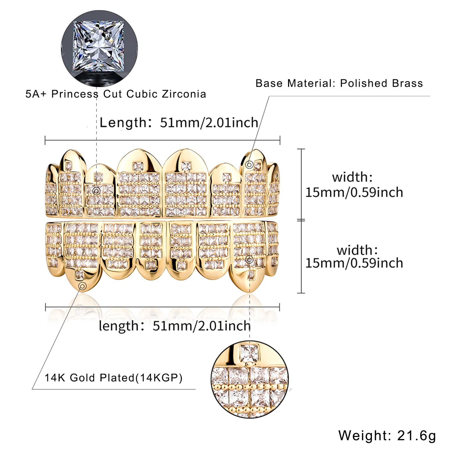 14K Gold Plated Hip Hop Grillz for Teeth - Princess Cut Diamond & Cubic Zirconia Iced Out Mouth Grill for Men & Women (8 Top & 8 Bottom Teeth) with Extra Molding Bars - Perfect for Rap Performances, Music Videos, and Streetwear Fashion